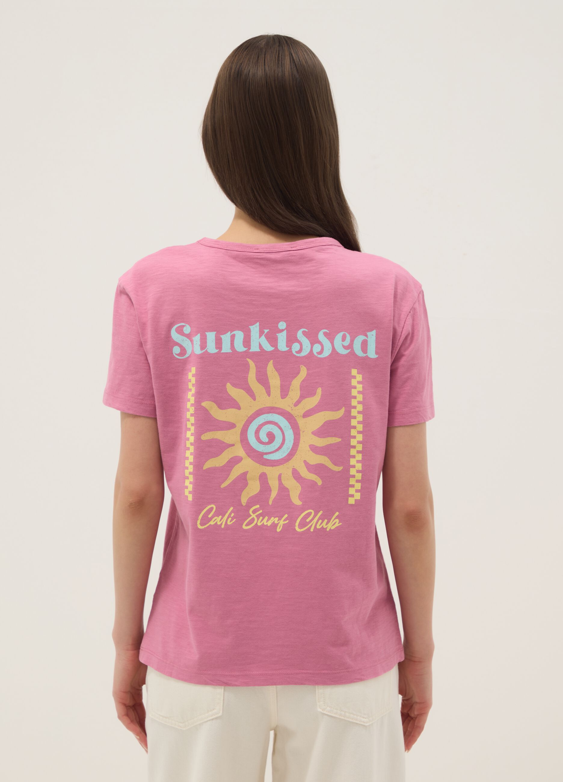 Pink pure cotton relaxed-fit T-shirt with sun print