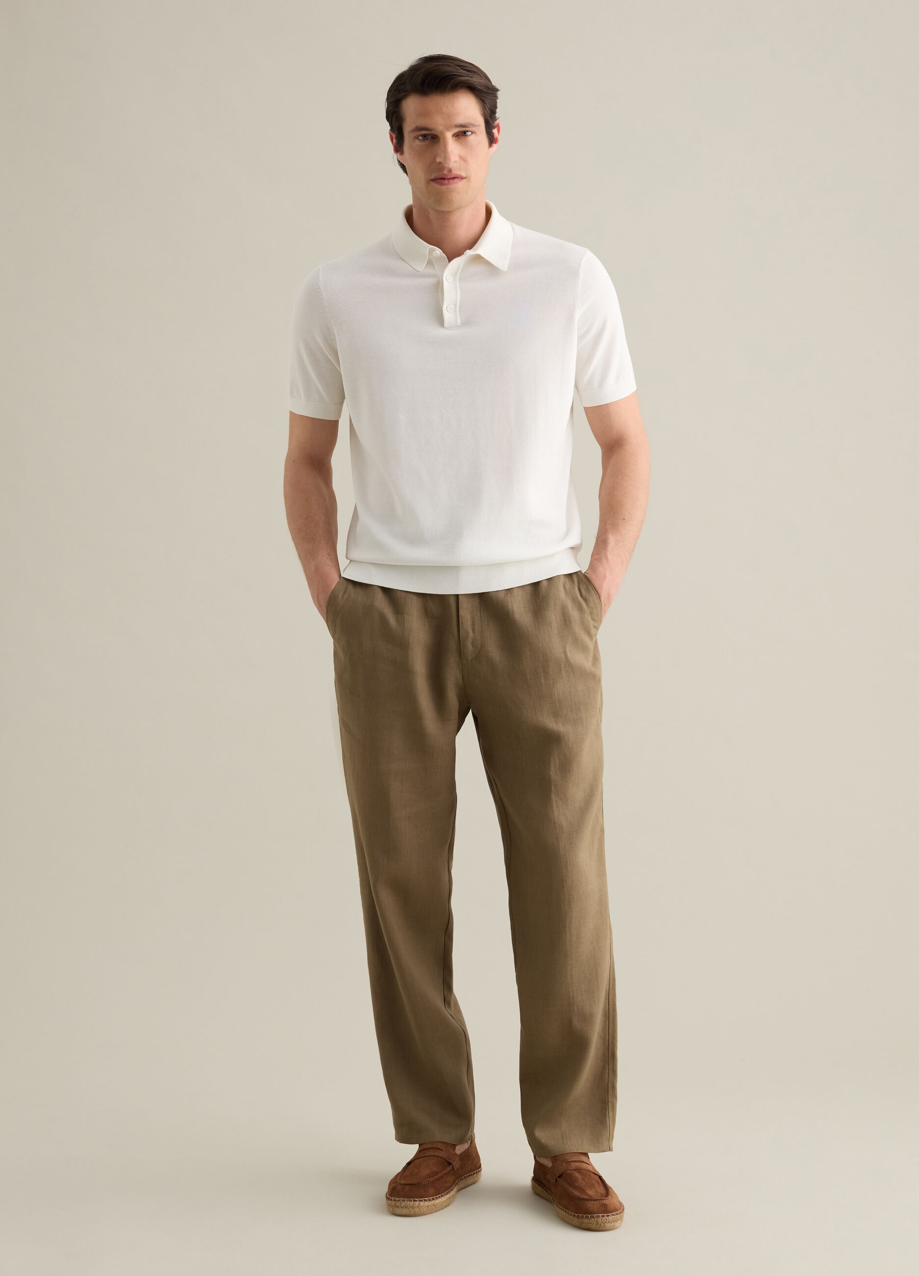 White polo shirt in cotton, silk, and linen