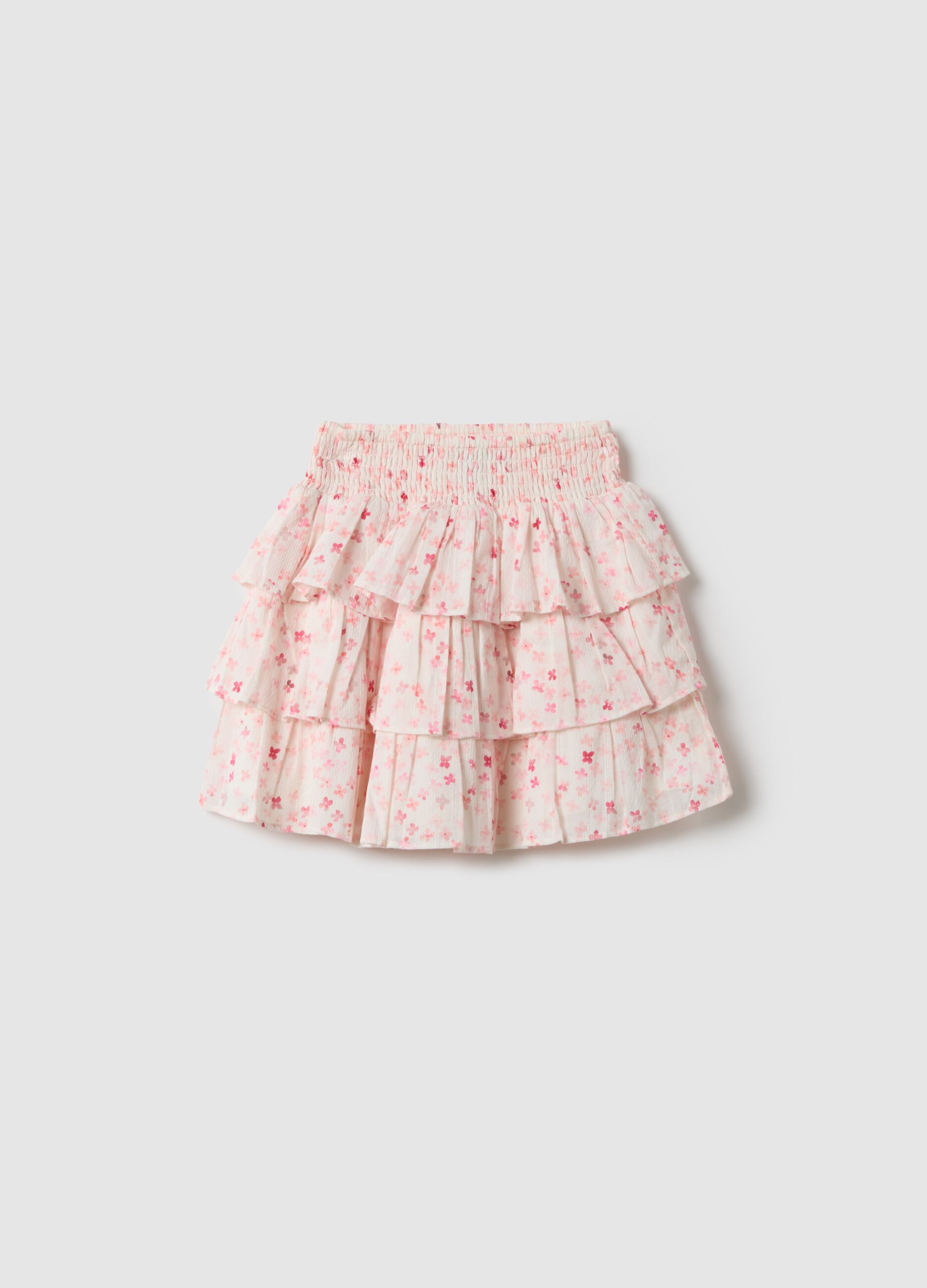 Girls' Multicolour Pure Cotton Tiered Skirt with Floral Pattern