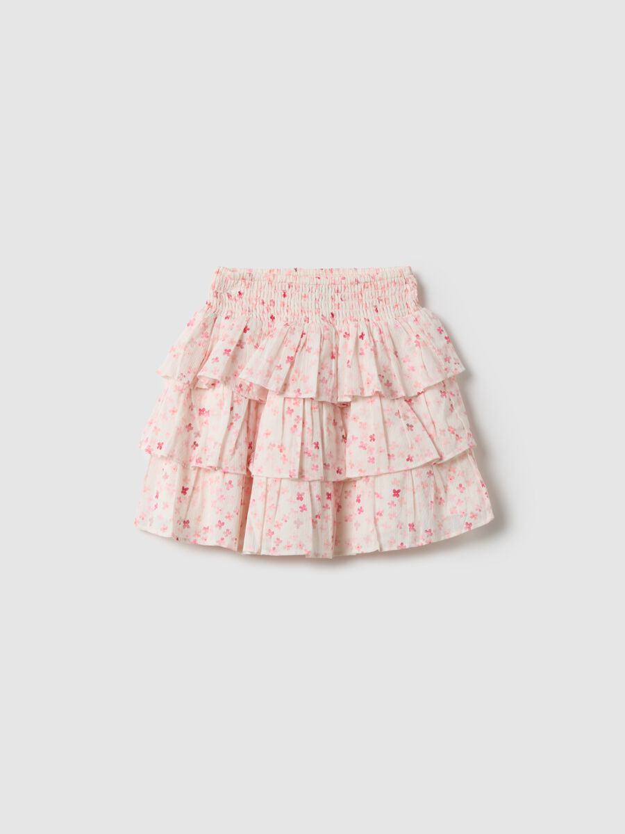 Girls' Multicolour Pure Cotton Tiered Skirt with Floral Pattern_0