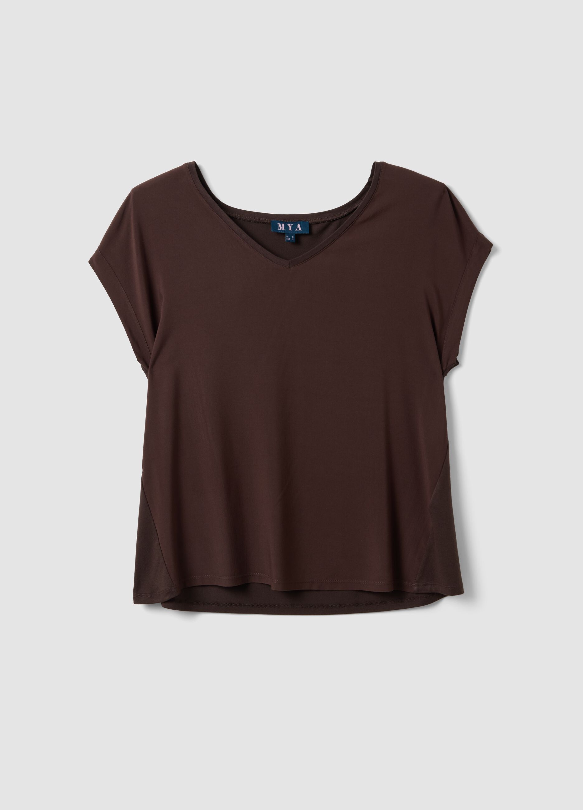 Brown pure viscose V-neck T-shirt, regular fit