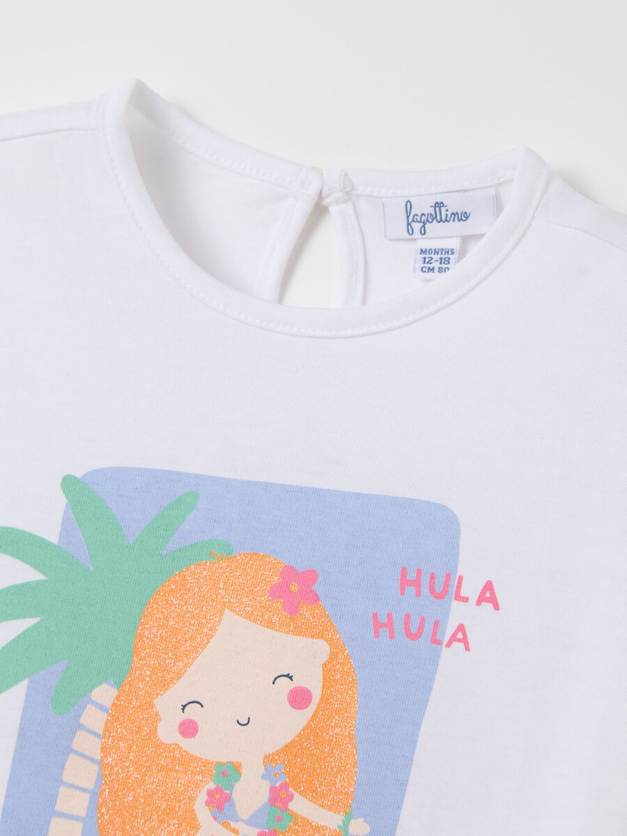 White cotton T-shirt with frills and print_2