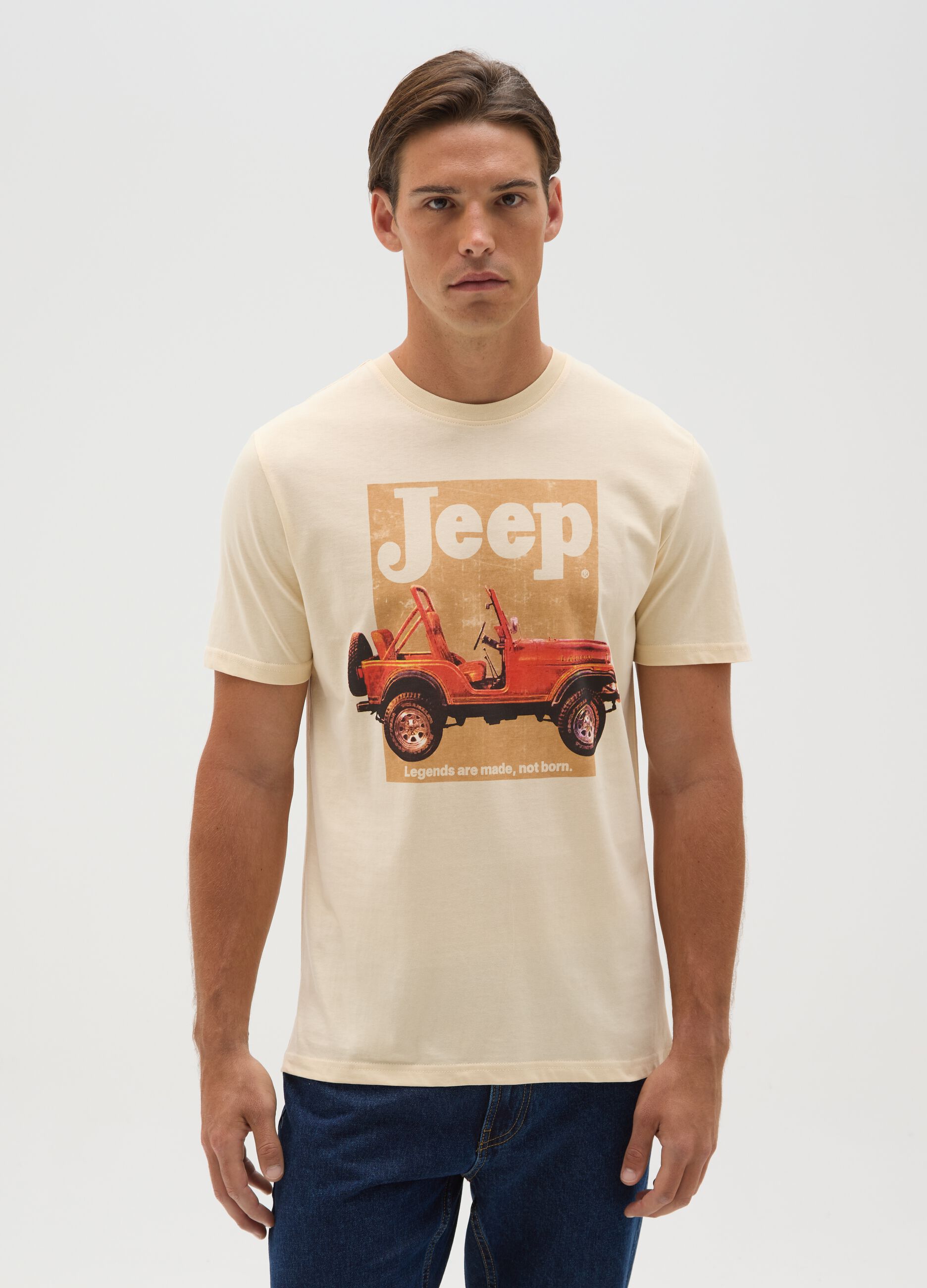 Men's beige pure cotton regular fit t-shirt with print