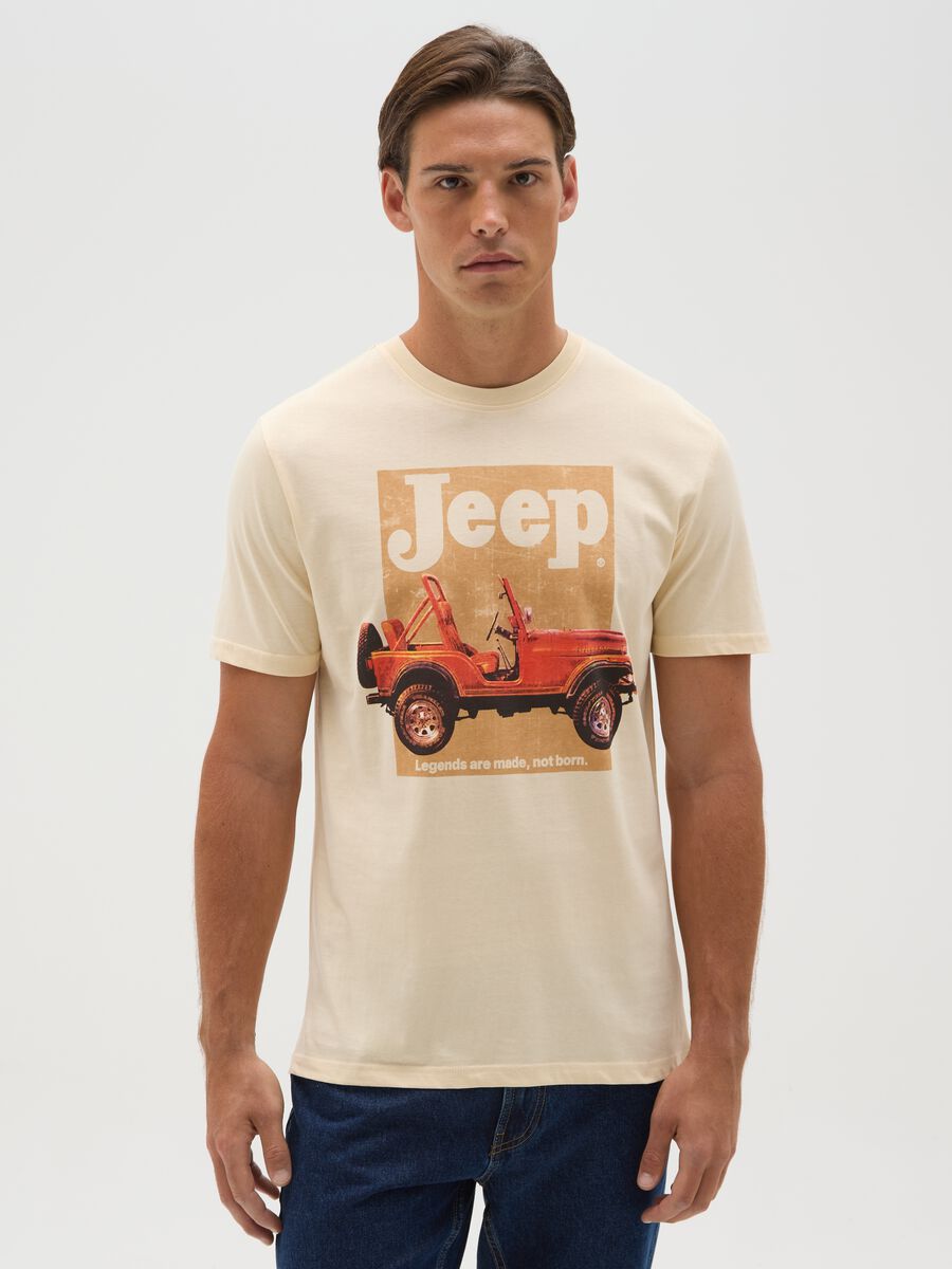 Men's beige pure cotton regular fit t-shirt with print_0