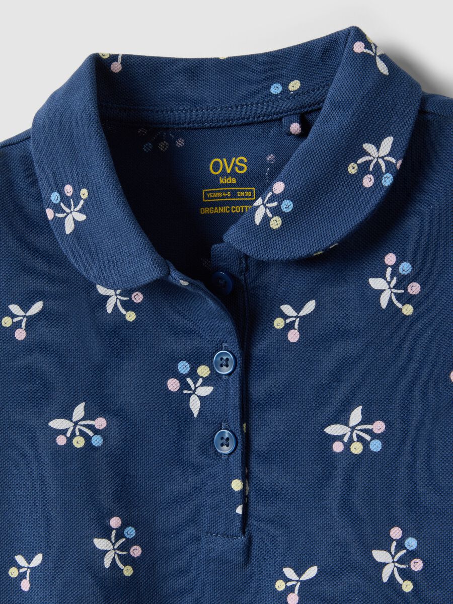 Girls' Regular Fit Blue Pure Cotton Polo with Floral Pattern_2