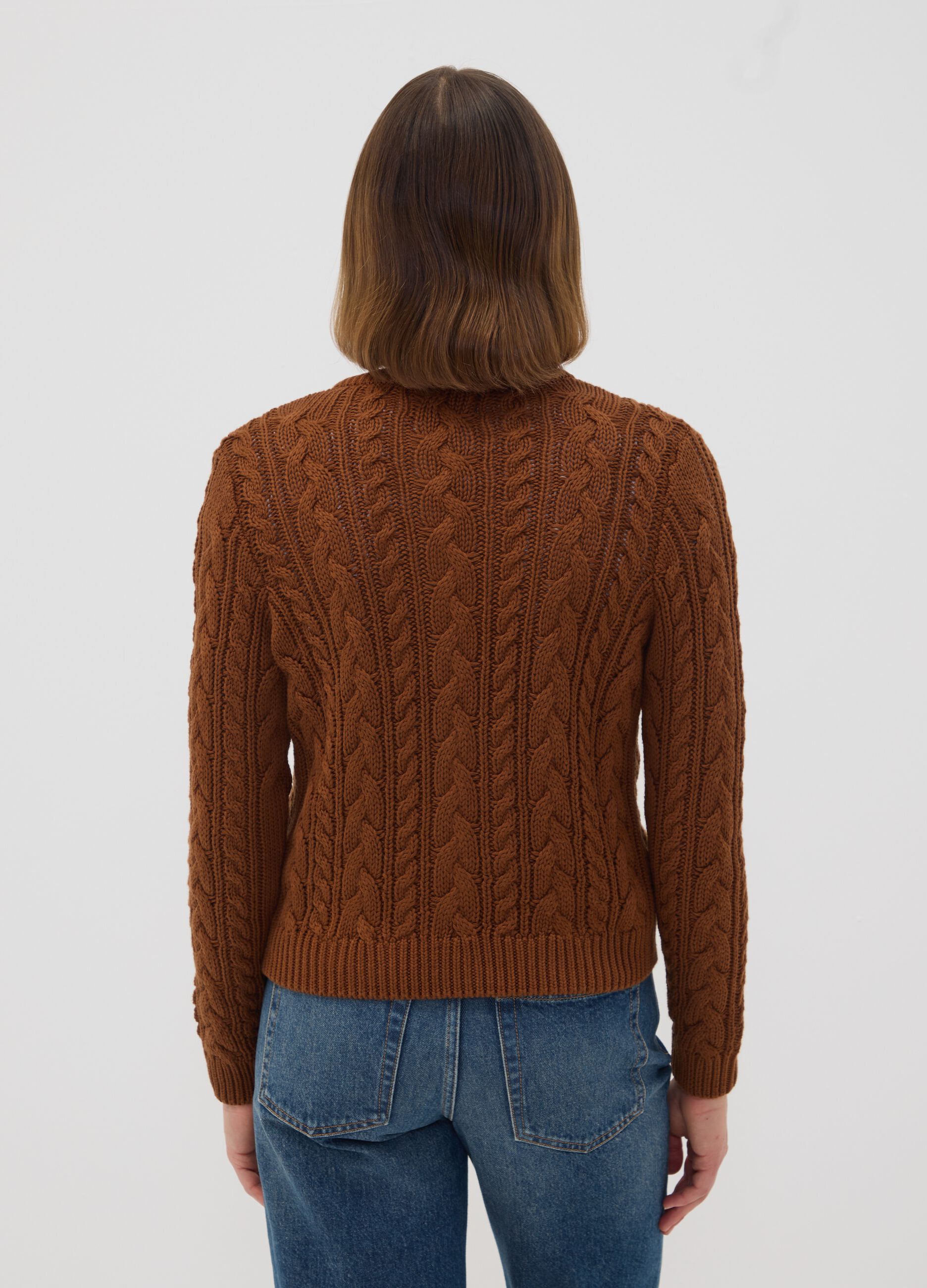 Brown cable-knit cotton-blend cardigan, regular fit