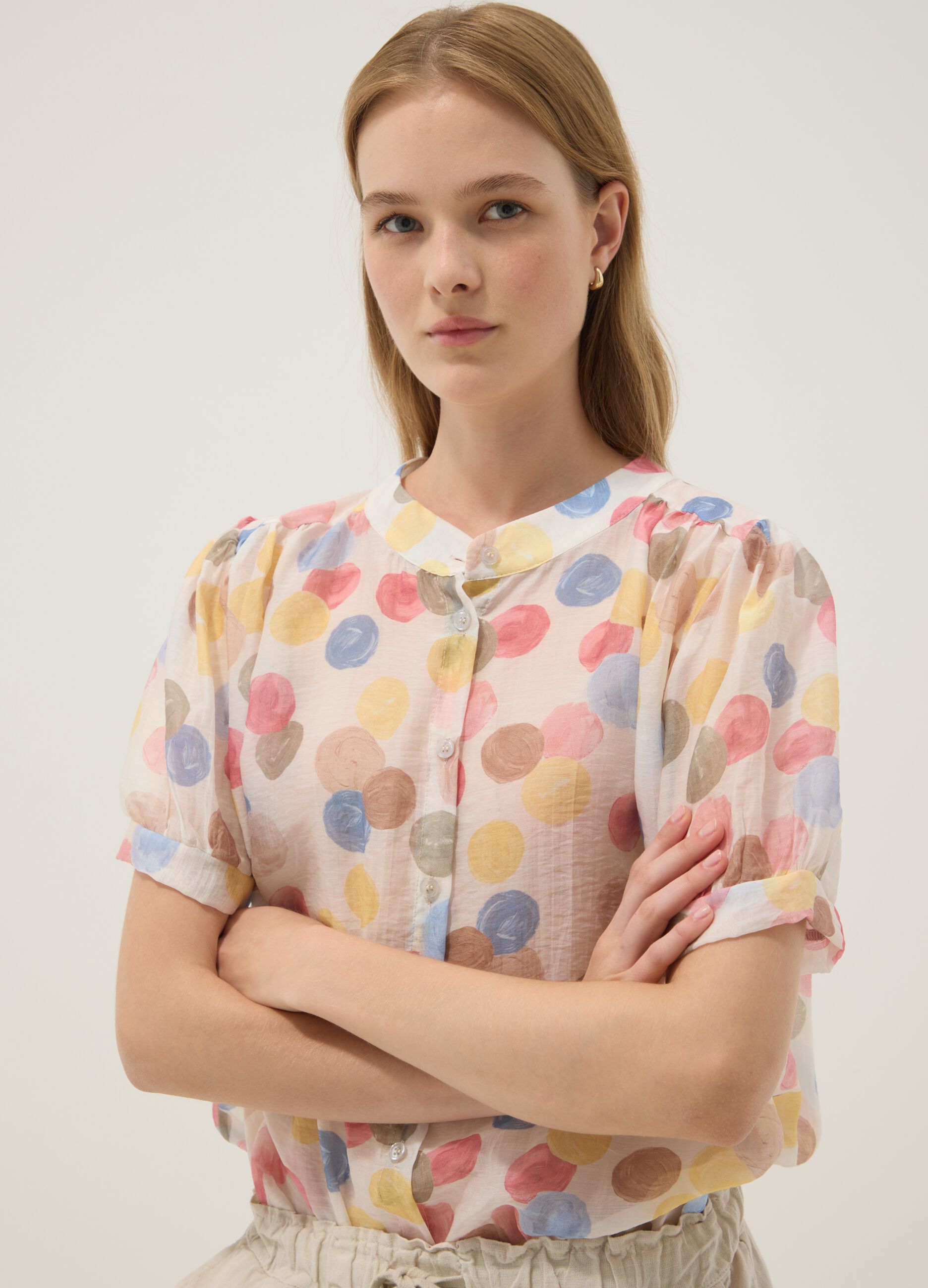 Multicolour lyocell-blend blouse with short sleeves