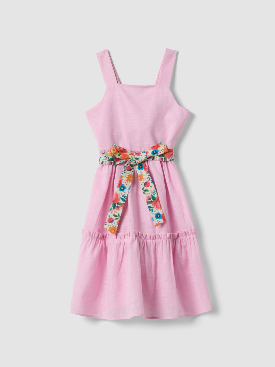 Vestito in puro cotone rosa da bambina regular fit con cintura a fiori_3