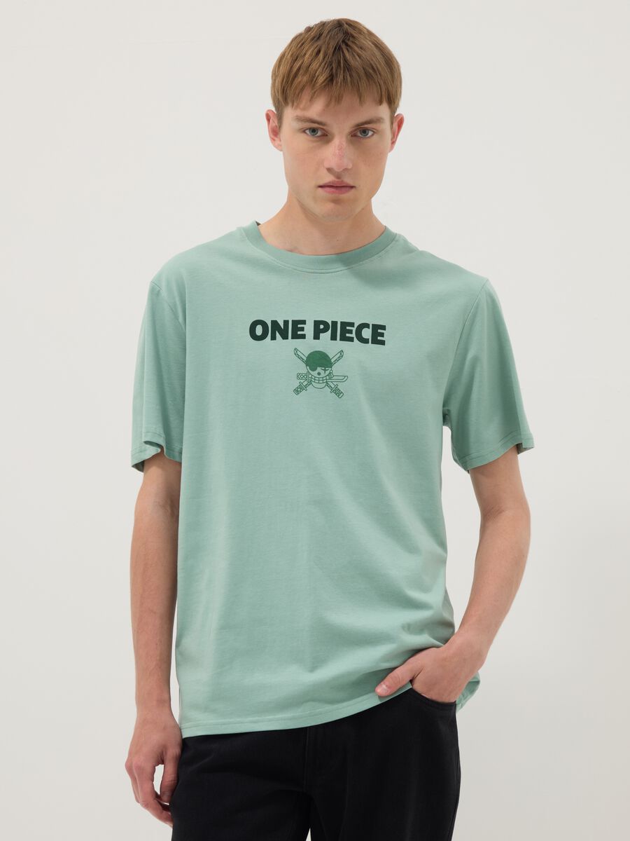 T-shirt verde con scritta One Piece in puro cotone relaxed fit_1