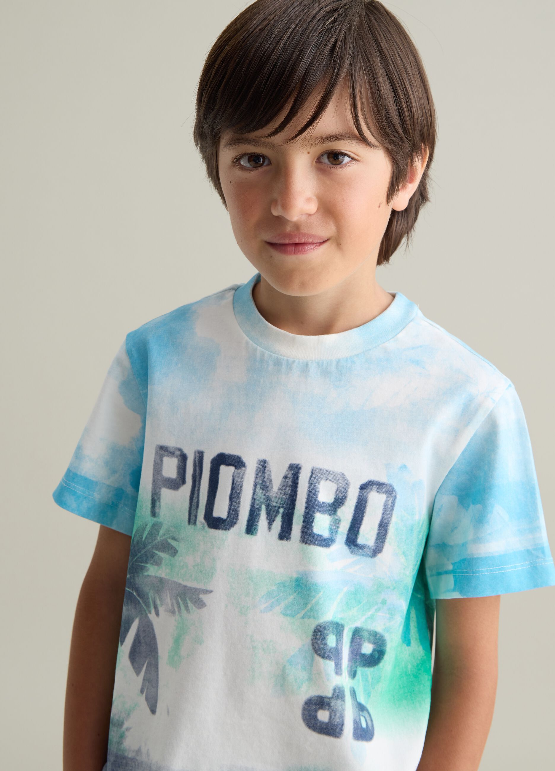 Light blue and blue dip-dye T-shirt with logo and palms print