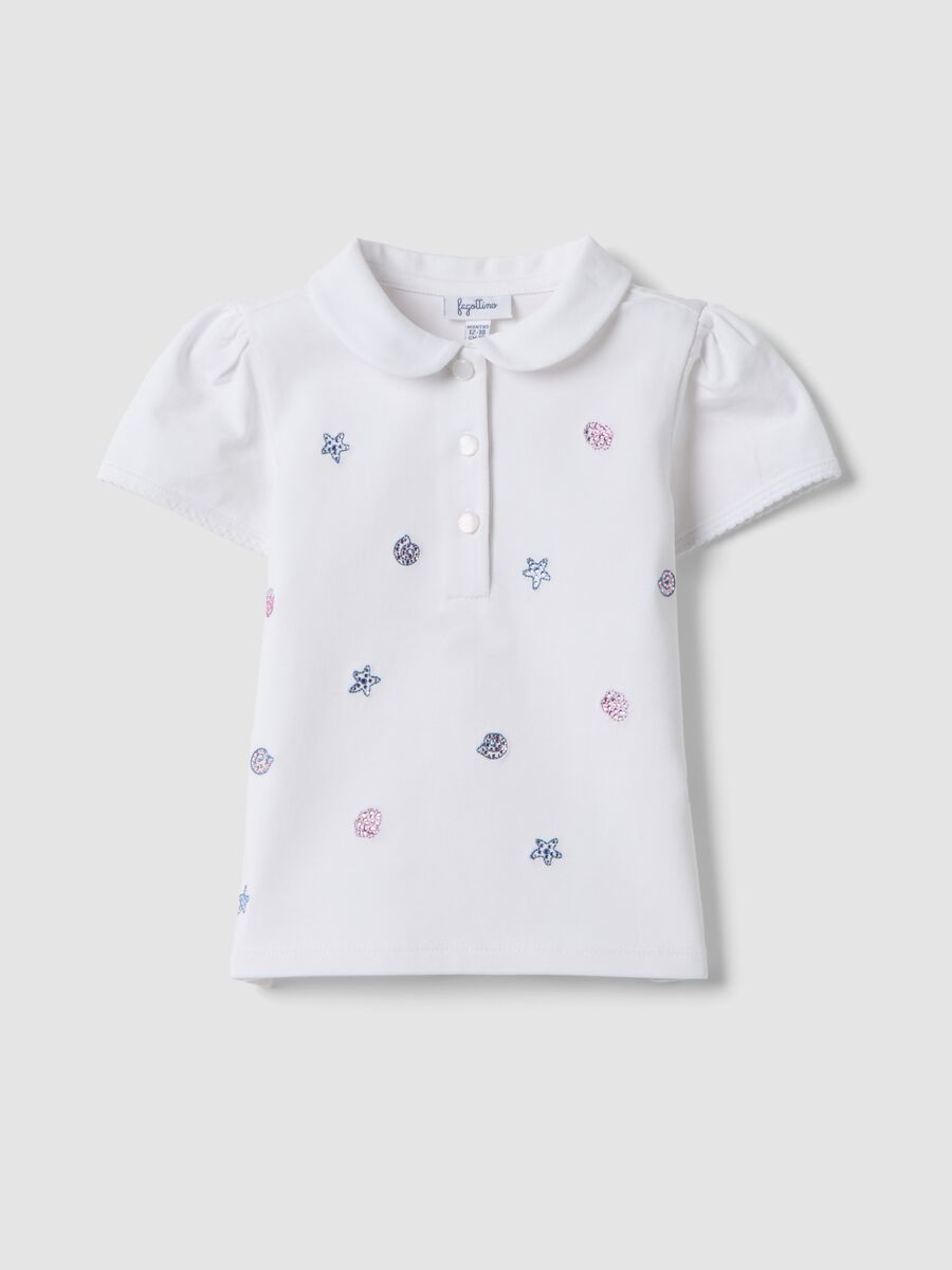White stretch cotton polo shirt with classic collar for baby girl, regular fit_0