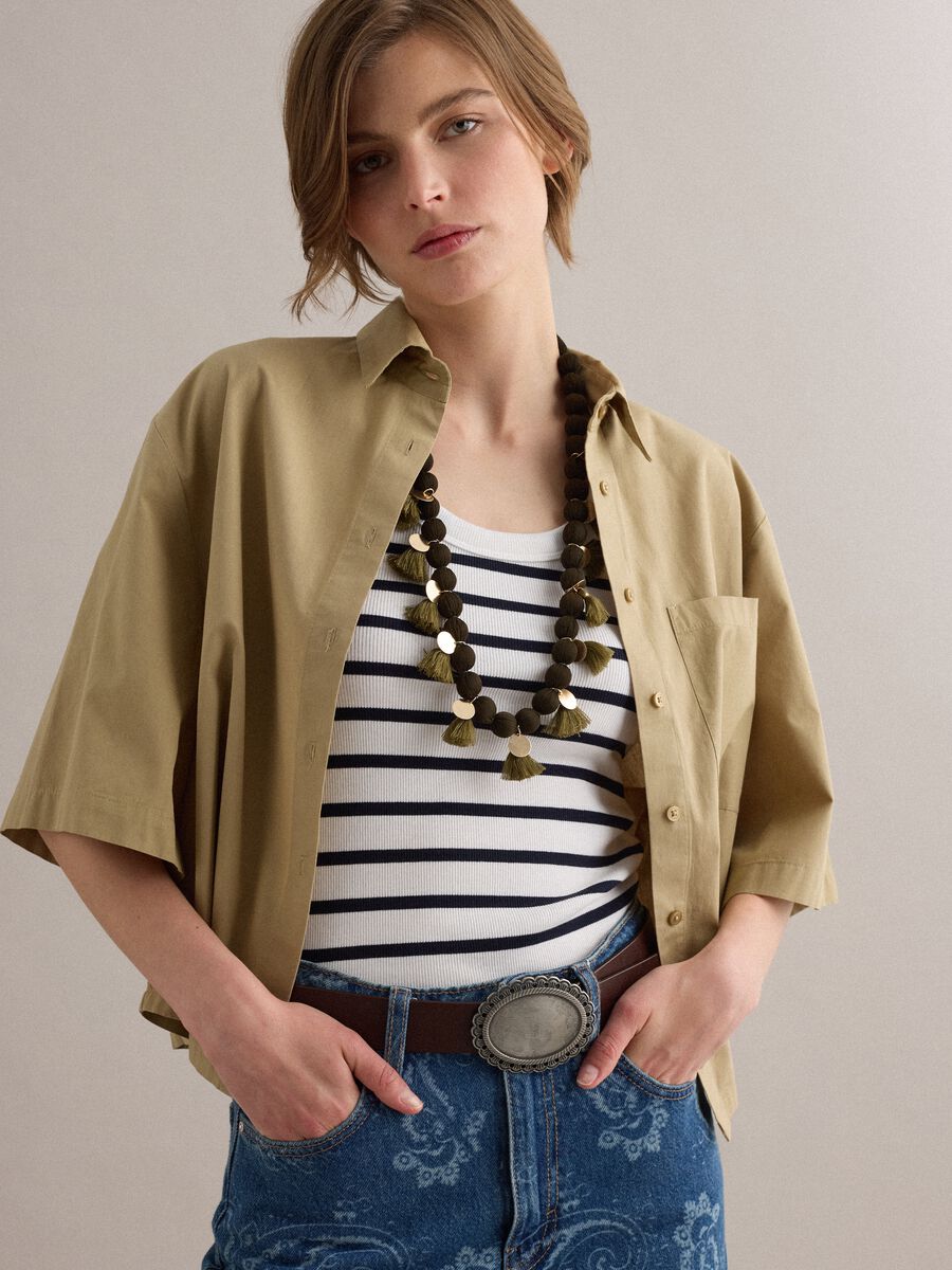 Beige pure cotton shirt with chest pocket, oversized fit_0
