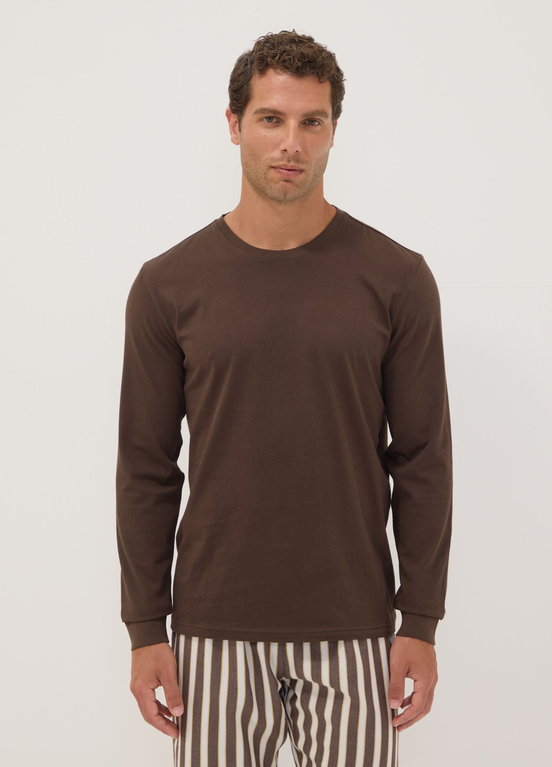 Brown pure organic cotton striped pyjamas, regular fit
