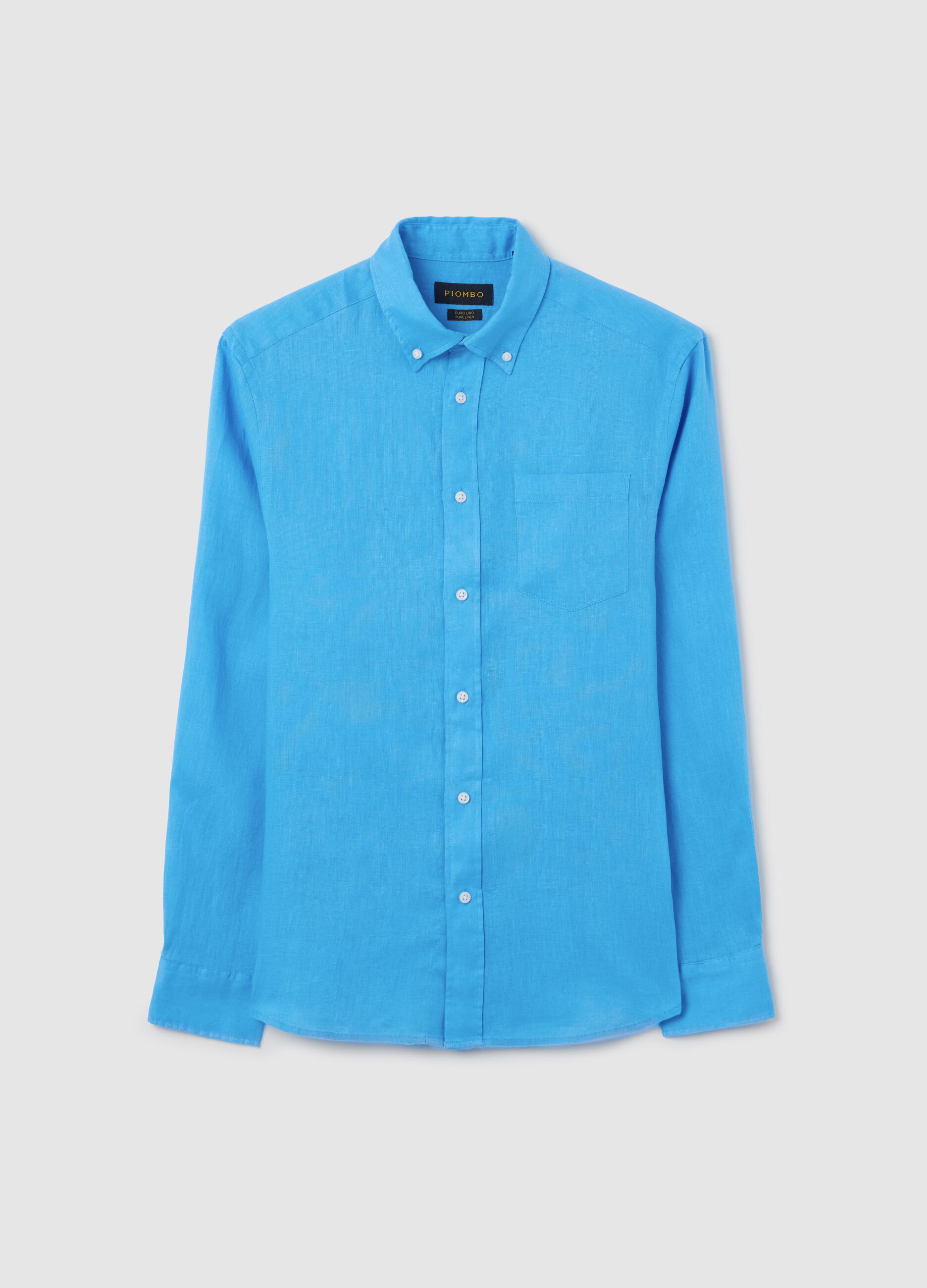 Camicia da uomo in puro lino azzurra con colletto button down