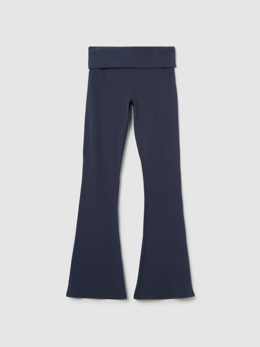 Blue flare-fit leggings with striped fold at the waist_4