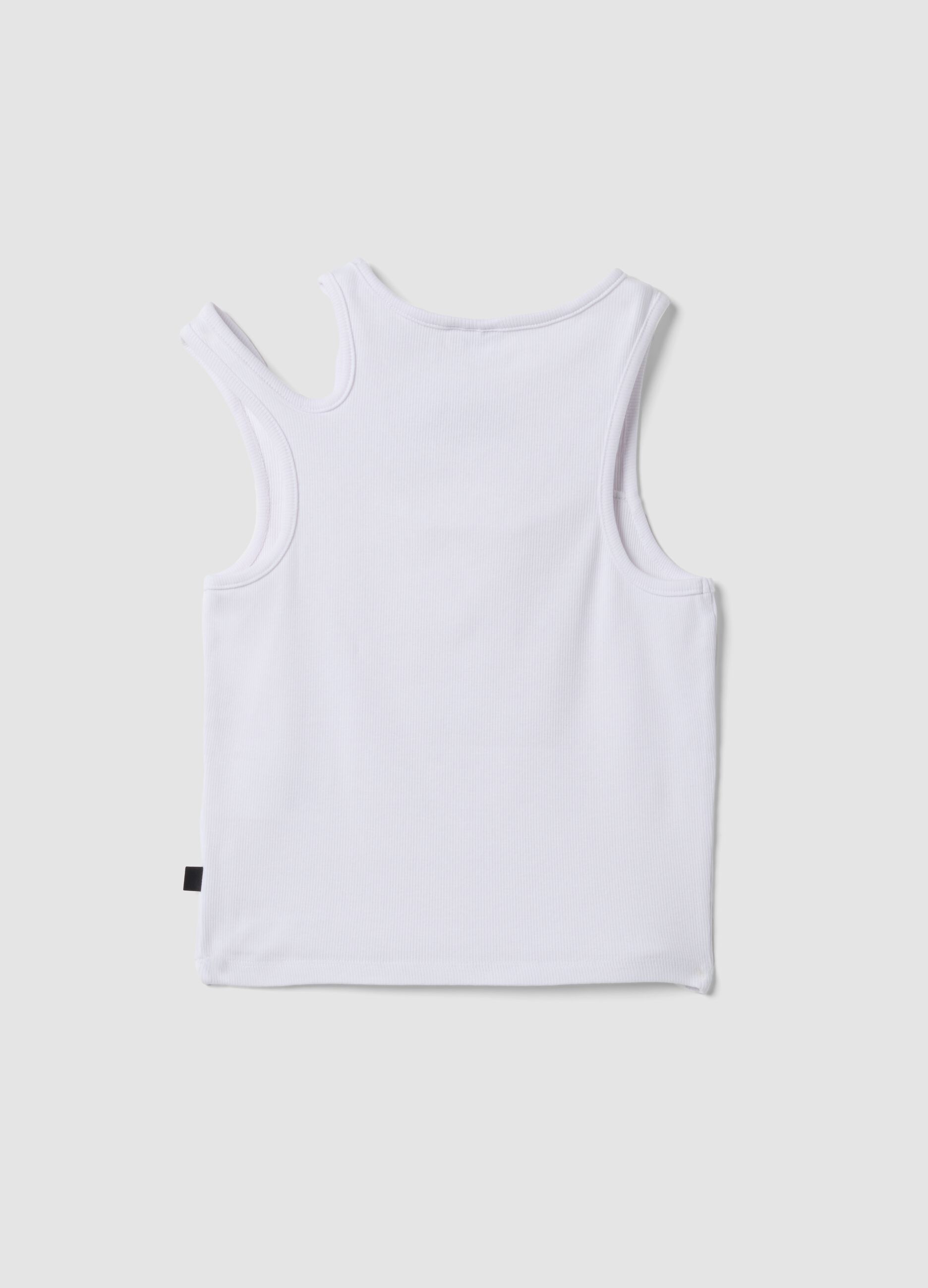 White stretch cotton tank top with asymmetric straps
