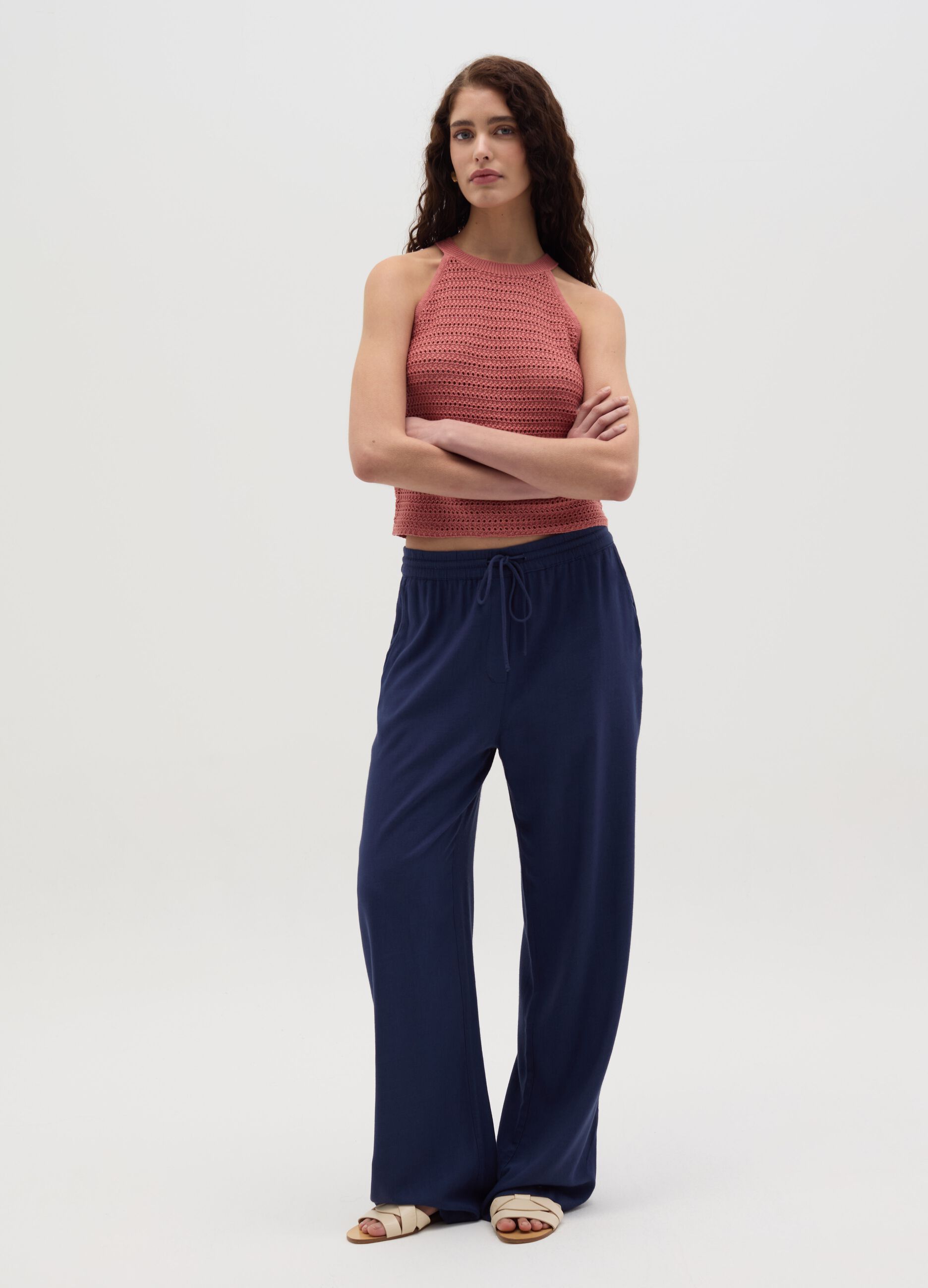Blue palazzo trousers in viscose and linen