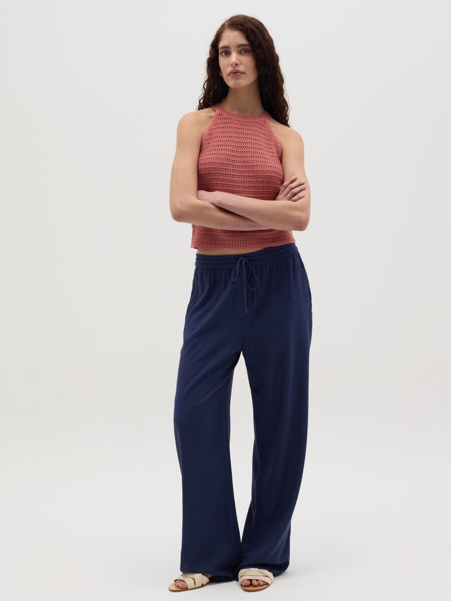 Blue palazzo trousers in viscose and linen_0