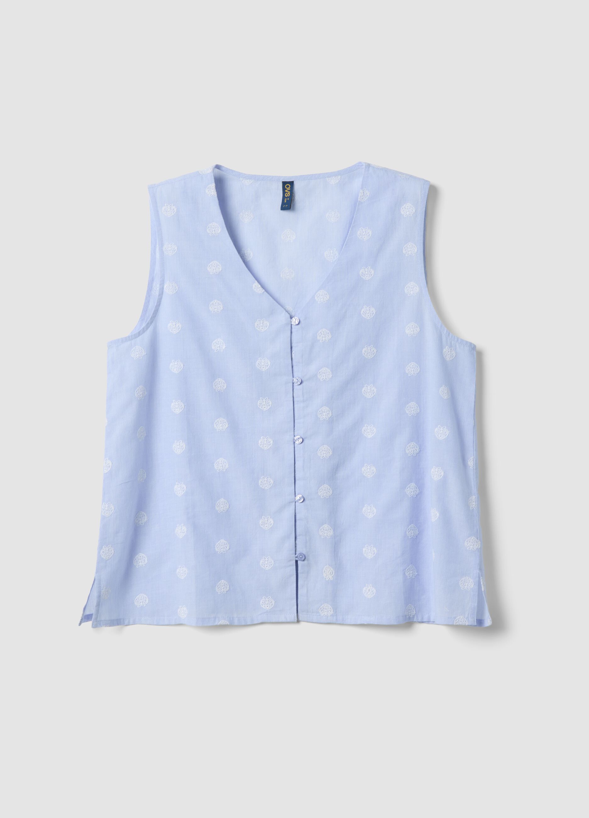 Light blue sleeveless pure cotton pyjama top with buttons