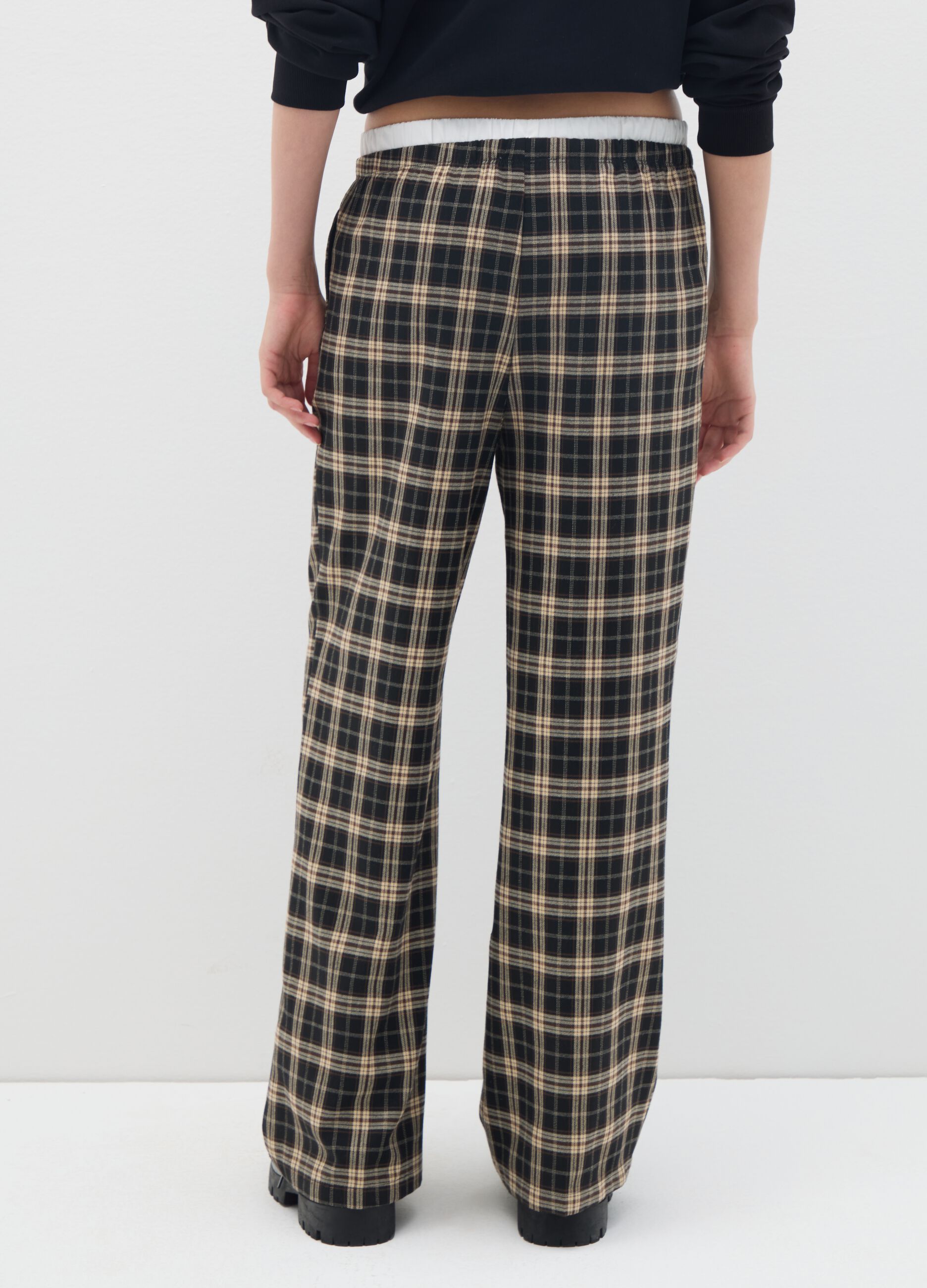 Multicolour Checked Wide-Leg Trousers