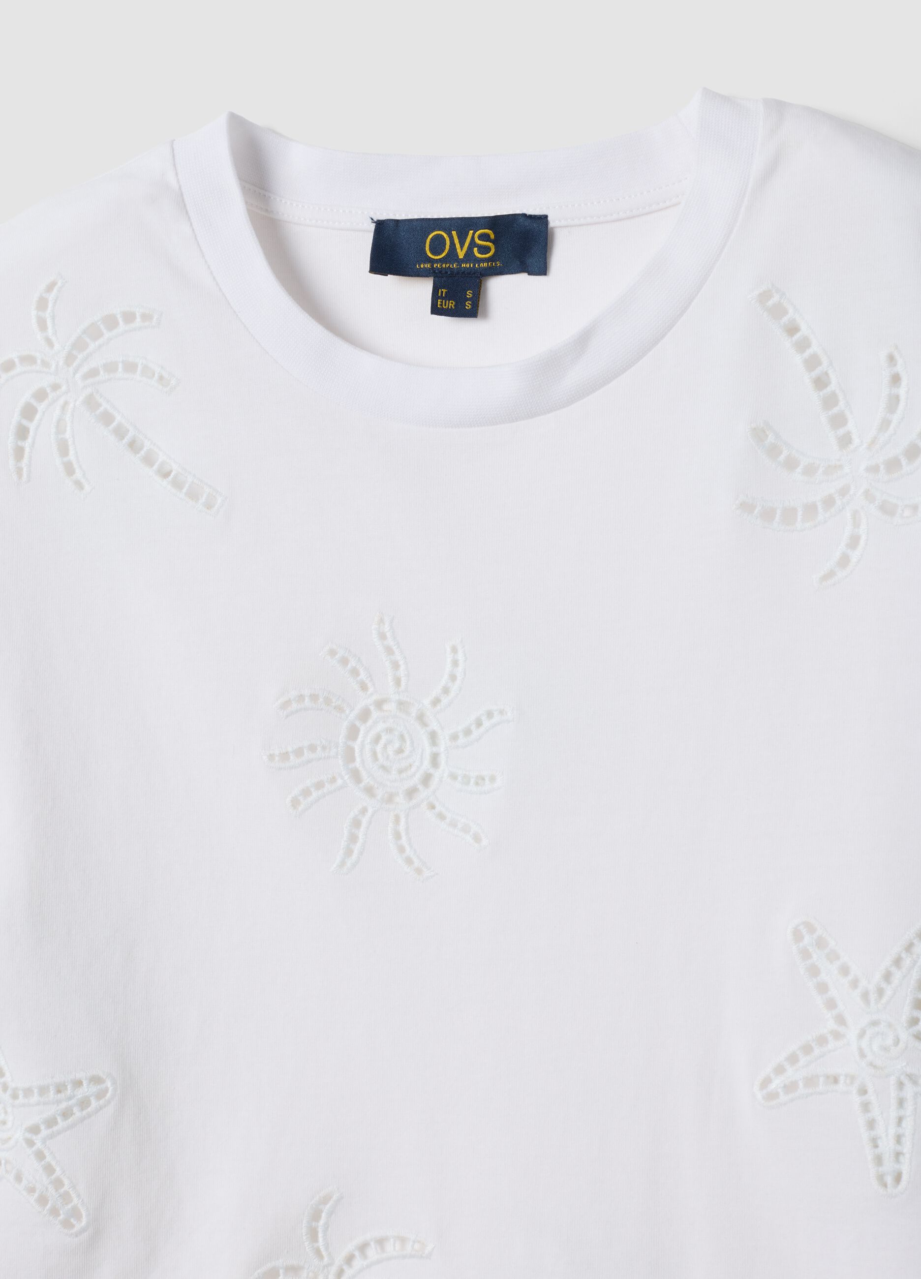 White pure cotton T-shirt with broderie anglaise embroidery, regular fit