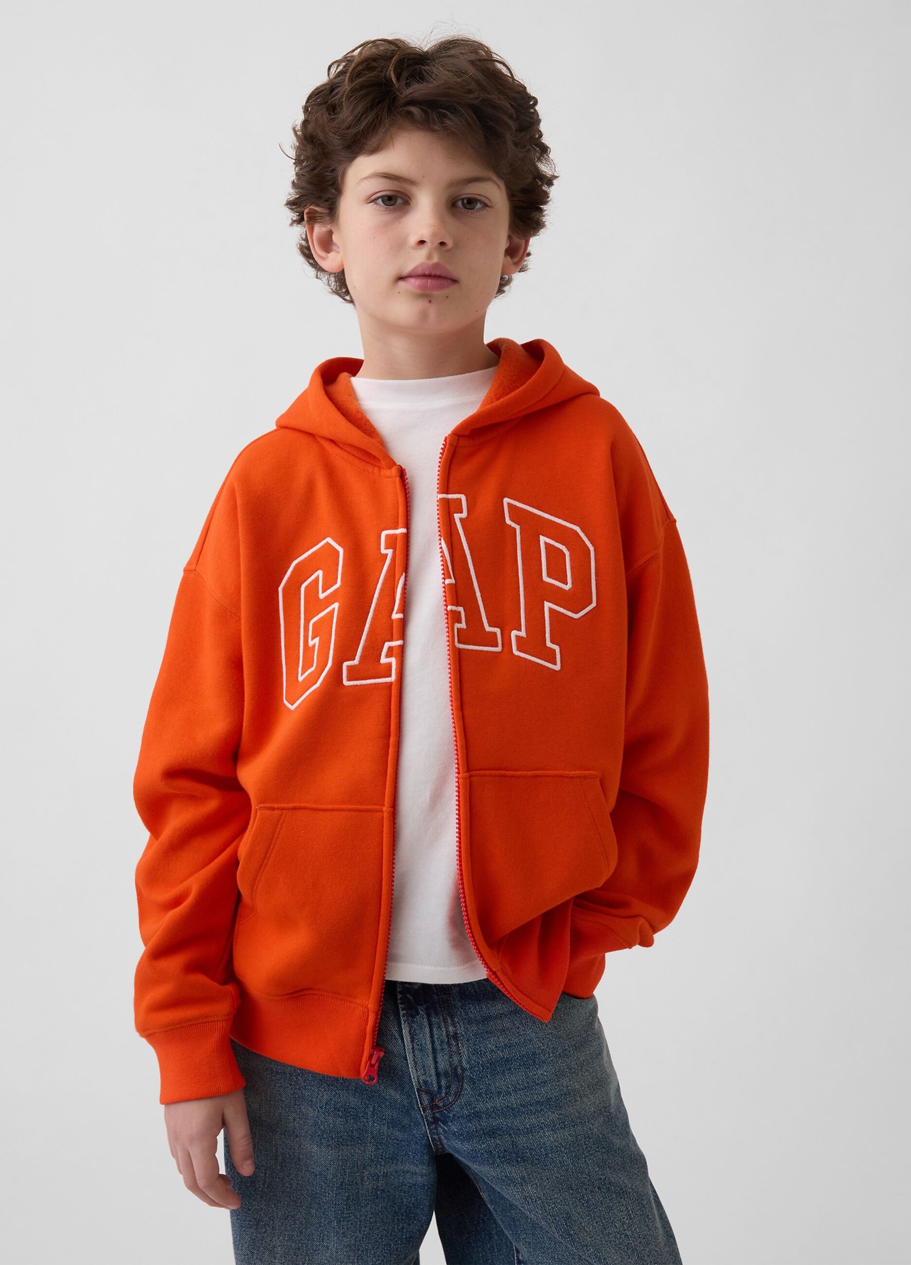 Children's orange cotton-blend hoodie with logo, zip, and hood