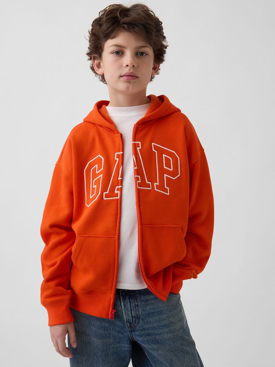 Felpa in misto cotone arancione da bambino con logo, zip e cappuccio_0