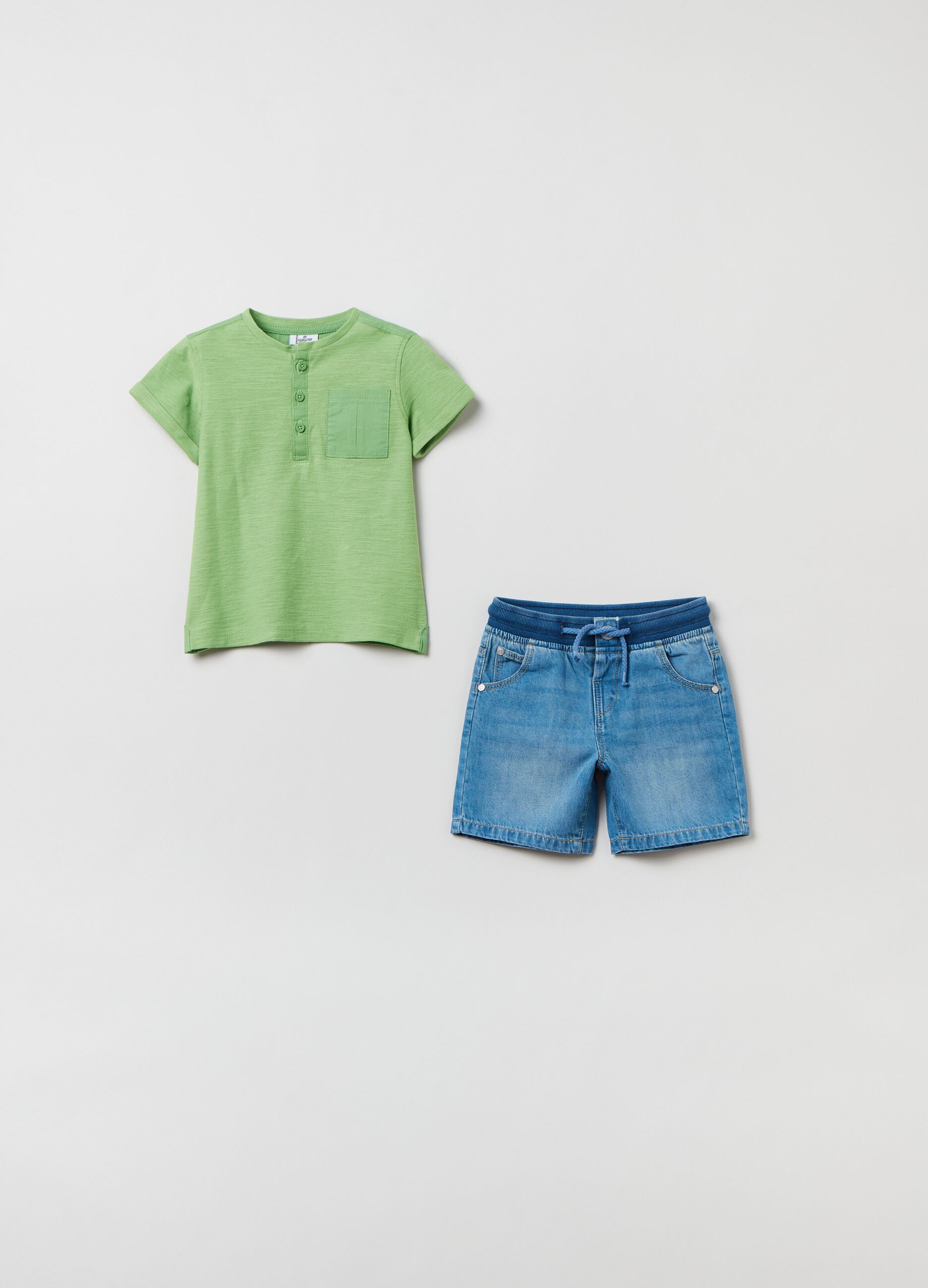 Set t-shirt slub e shorts in denim_0
