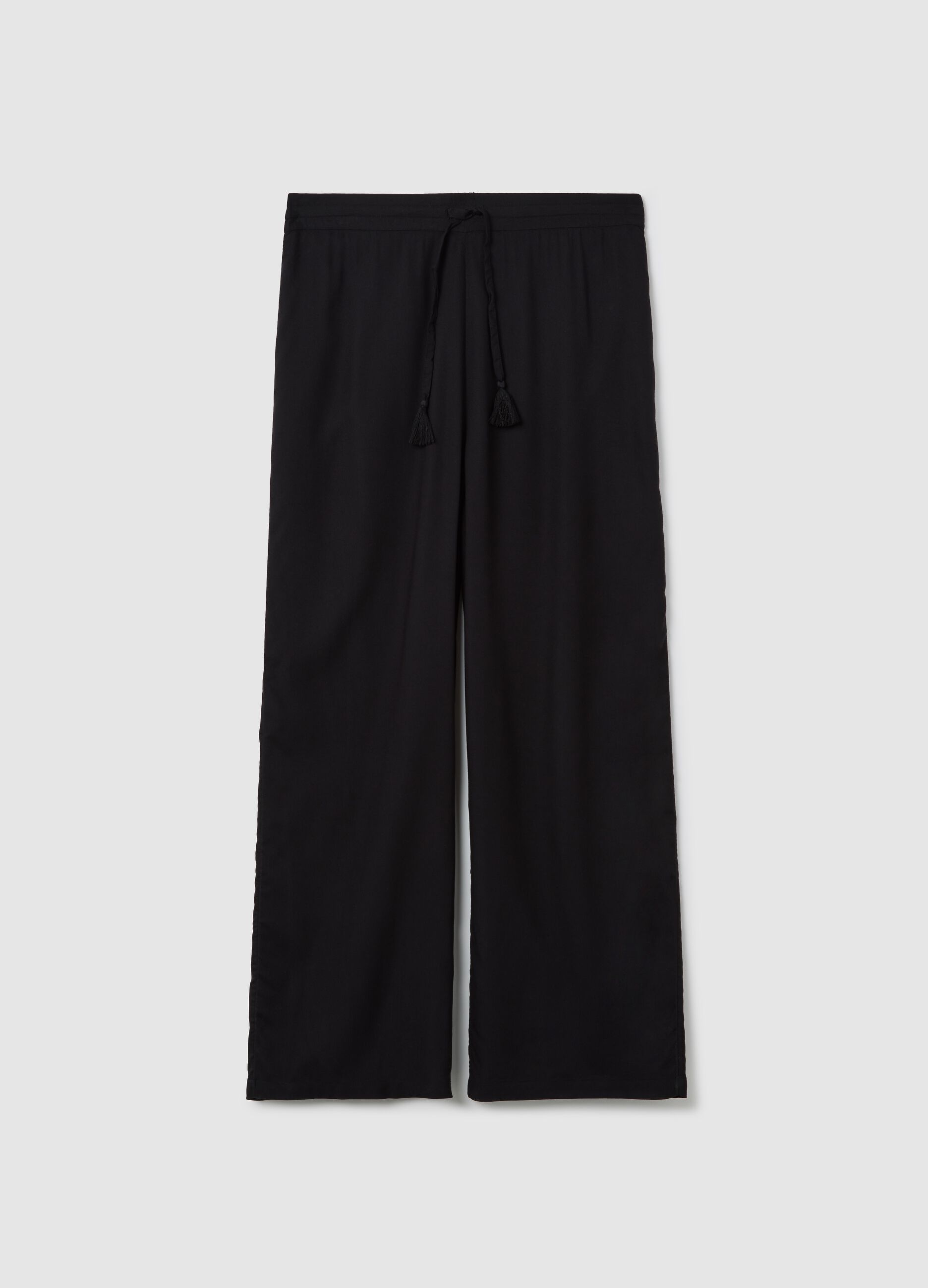 Long black beach cover-up trousers with drawstring