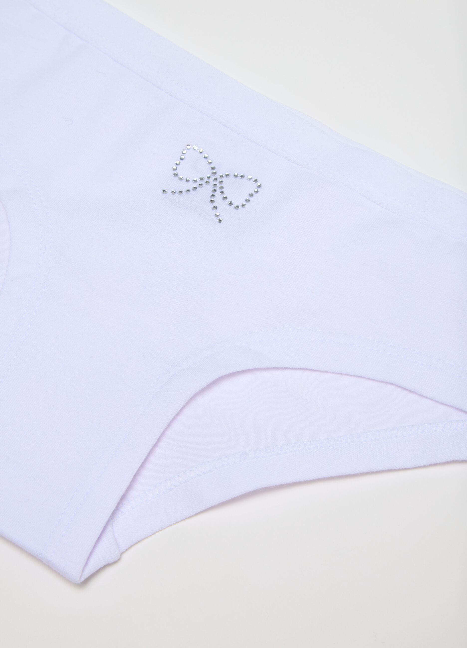 Girls' white cotton regular fit knickers with rhinestone bow