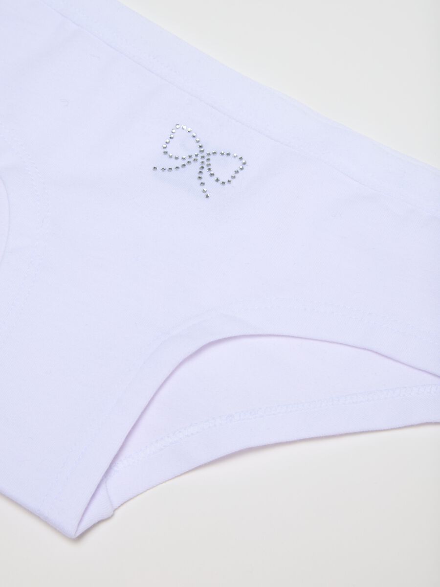 Girls' white cotton regular fit knickers with rhinestone bow_2