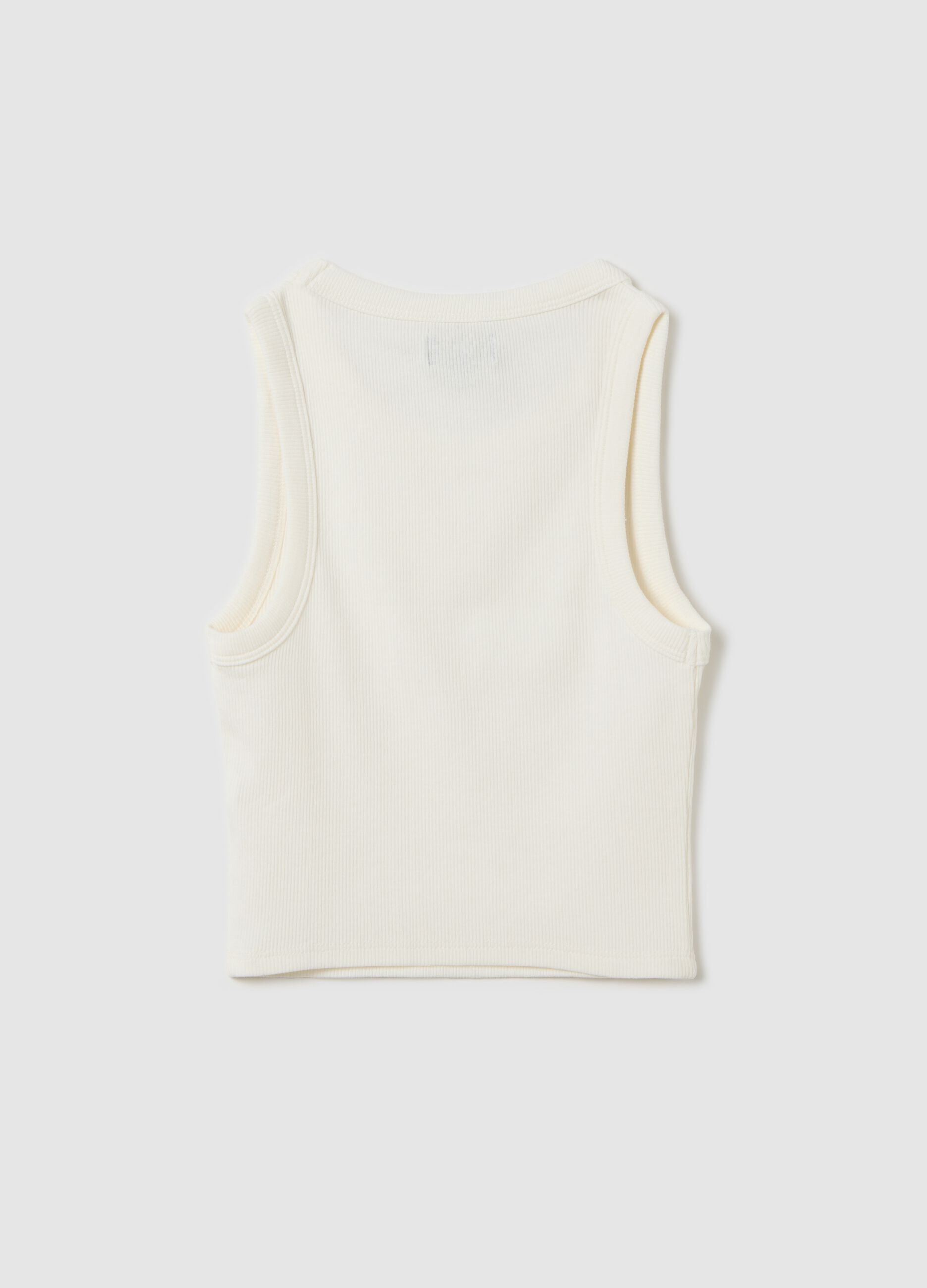 White ribbed stretch cotton tank top with print