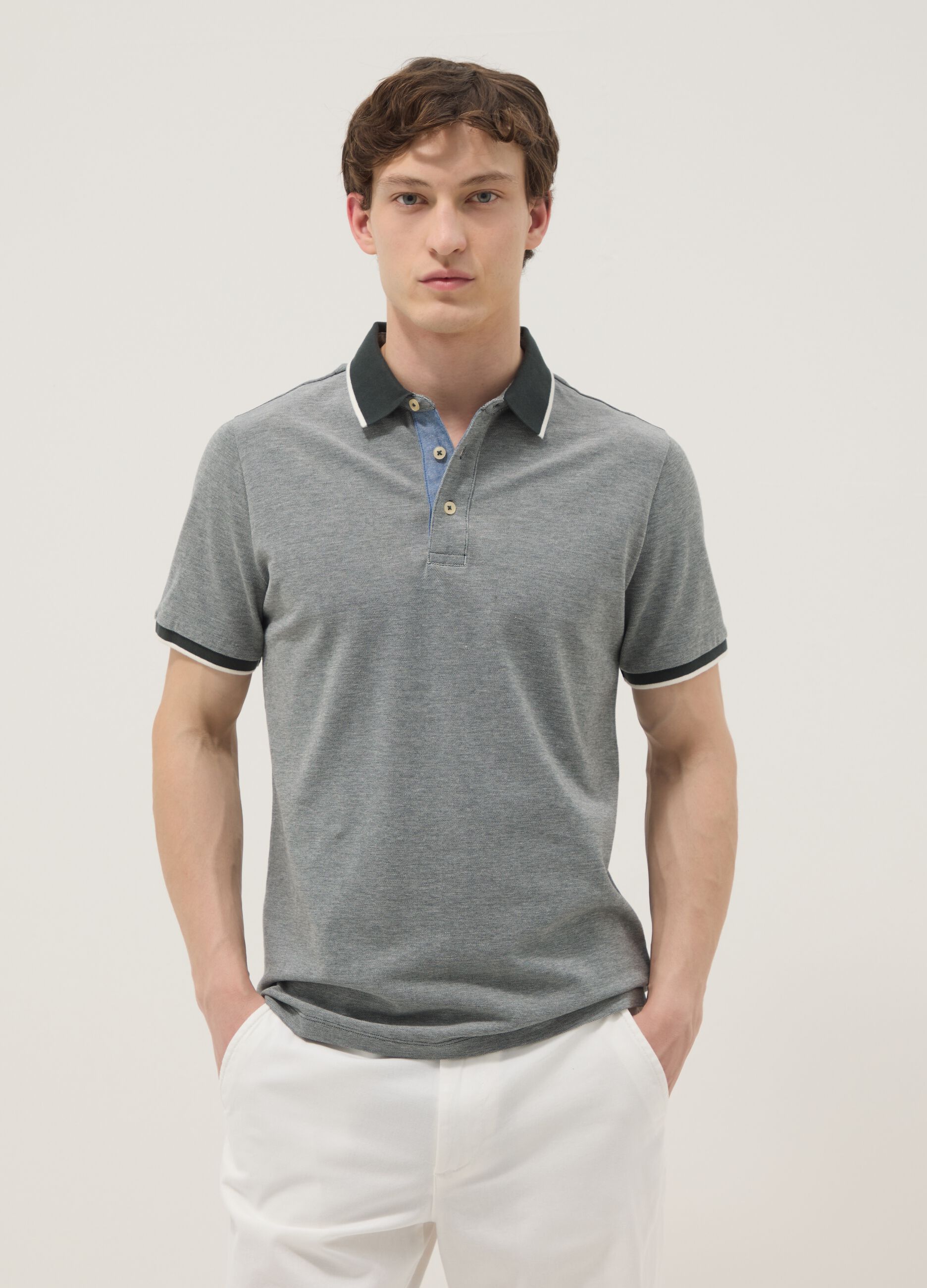 Grey pure cotton polo shirt with classic collar