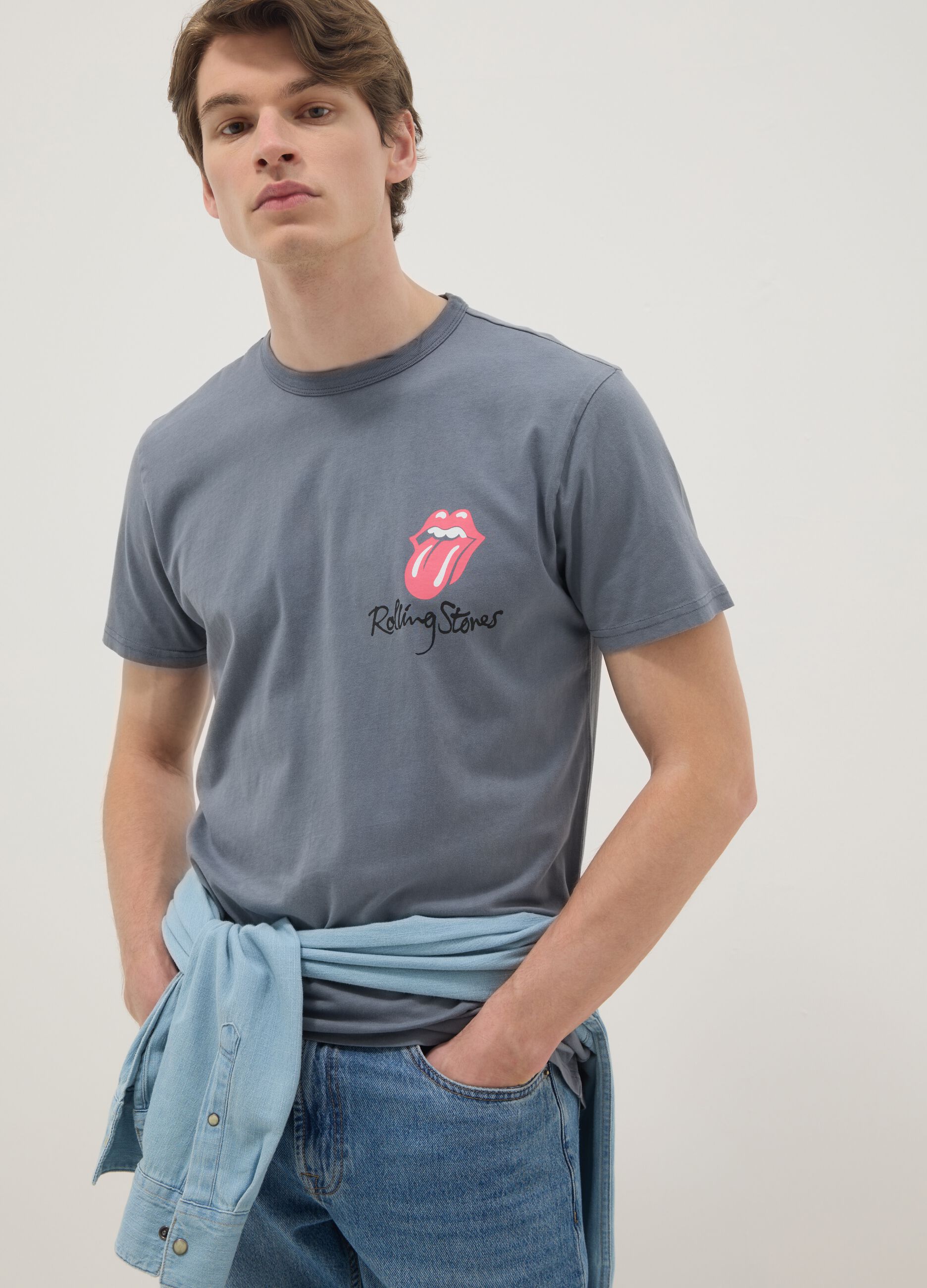 Grey regular fit pure cotton T-shirt with Rolling Stones print