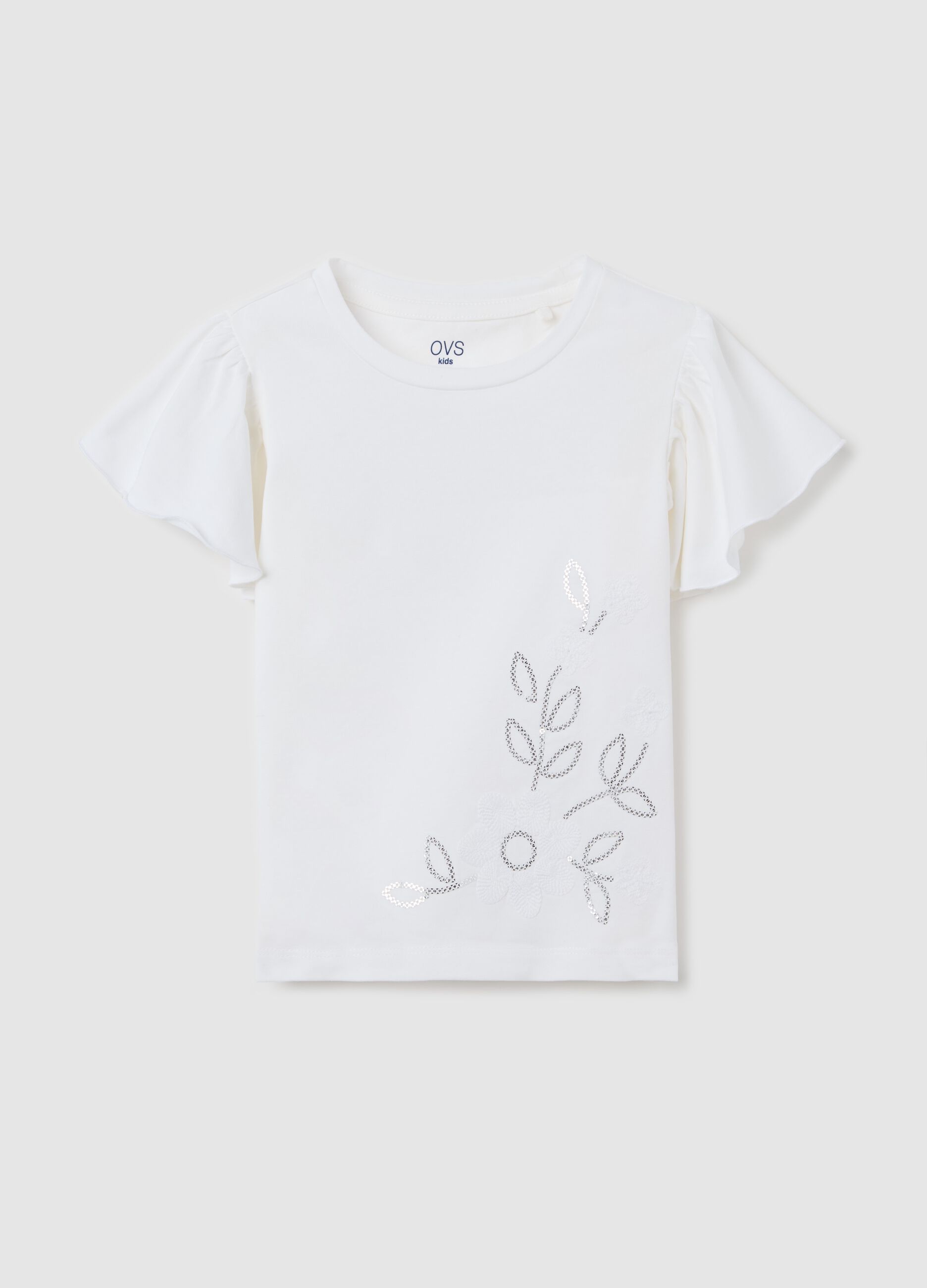 White T-shirt with sequins and flowers embroidery