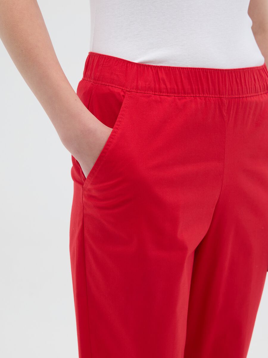Women's red regular fit stretch cotton trousers_3