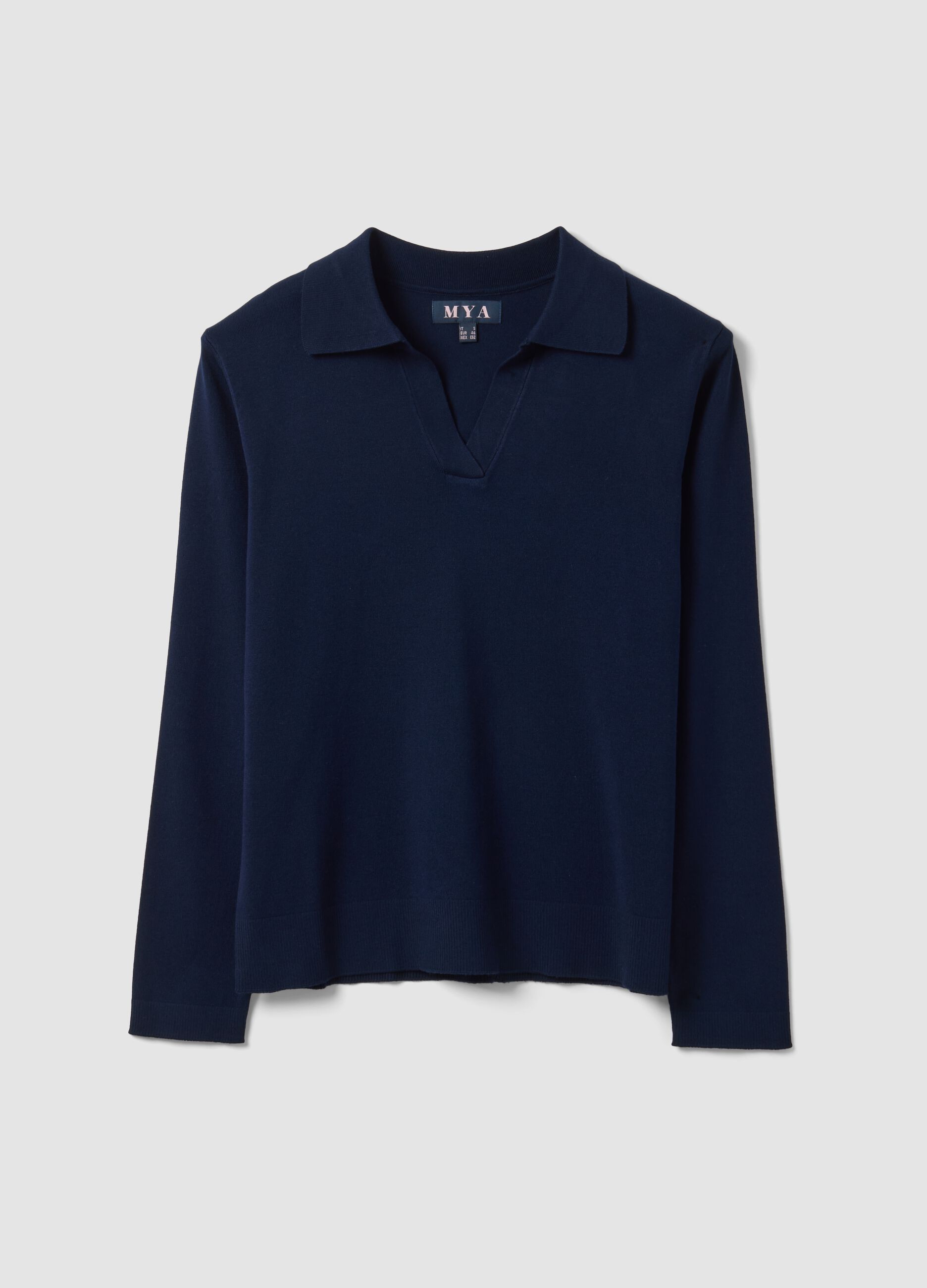 Blue viscose-blend polo-collar jumper with relaxed fit