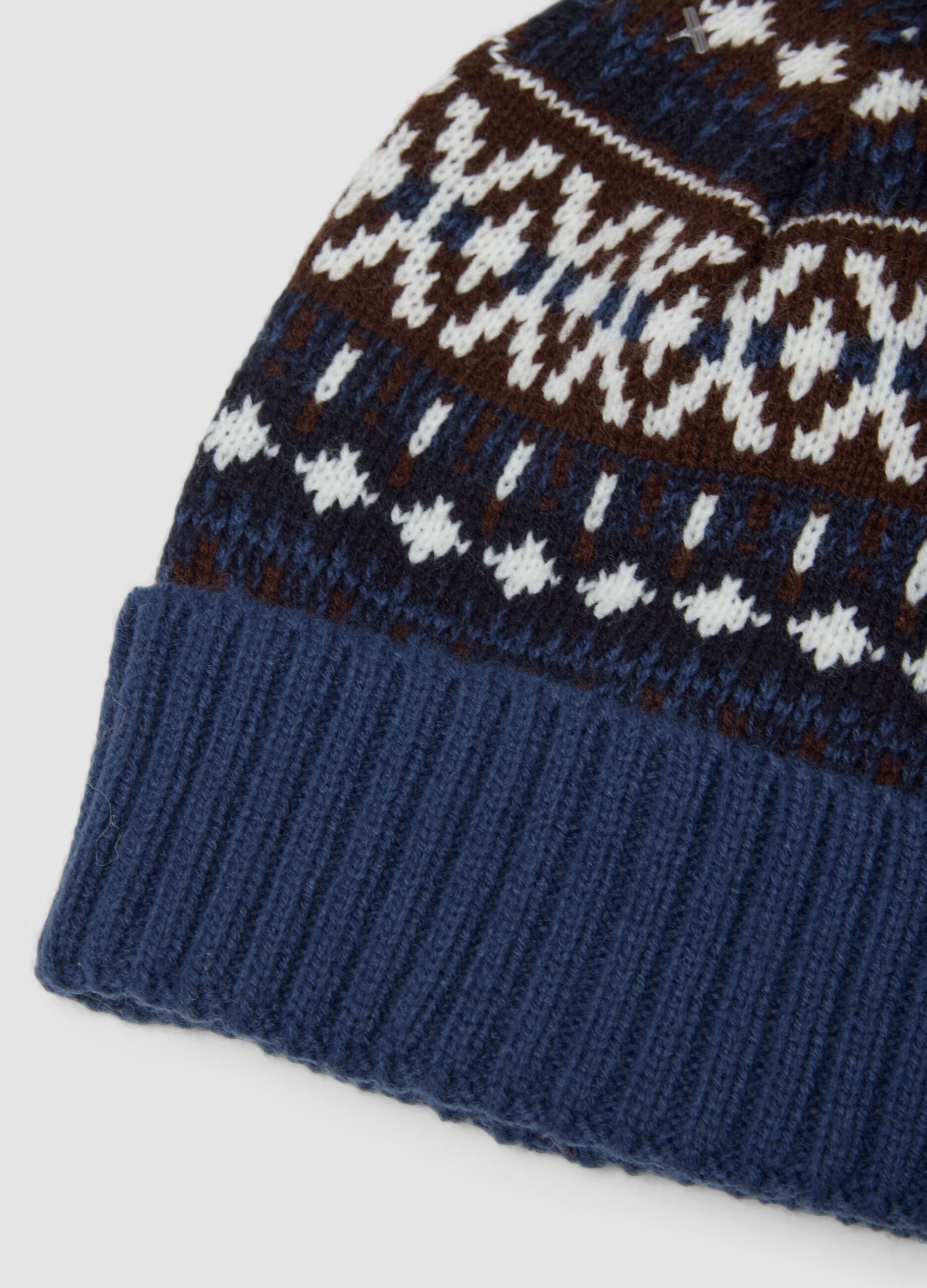 Berretto blu navy in maglia jacquard con risvolto