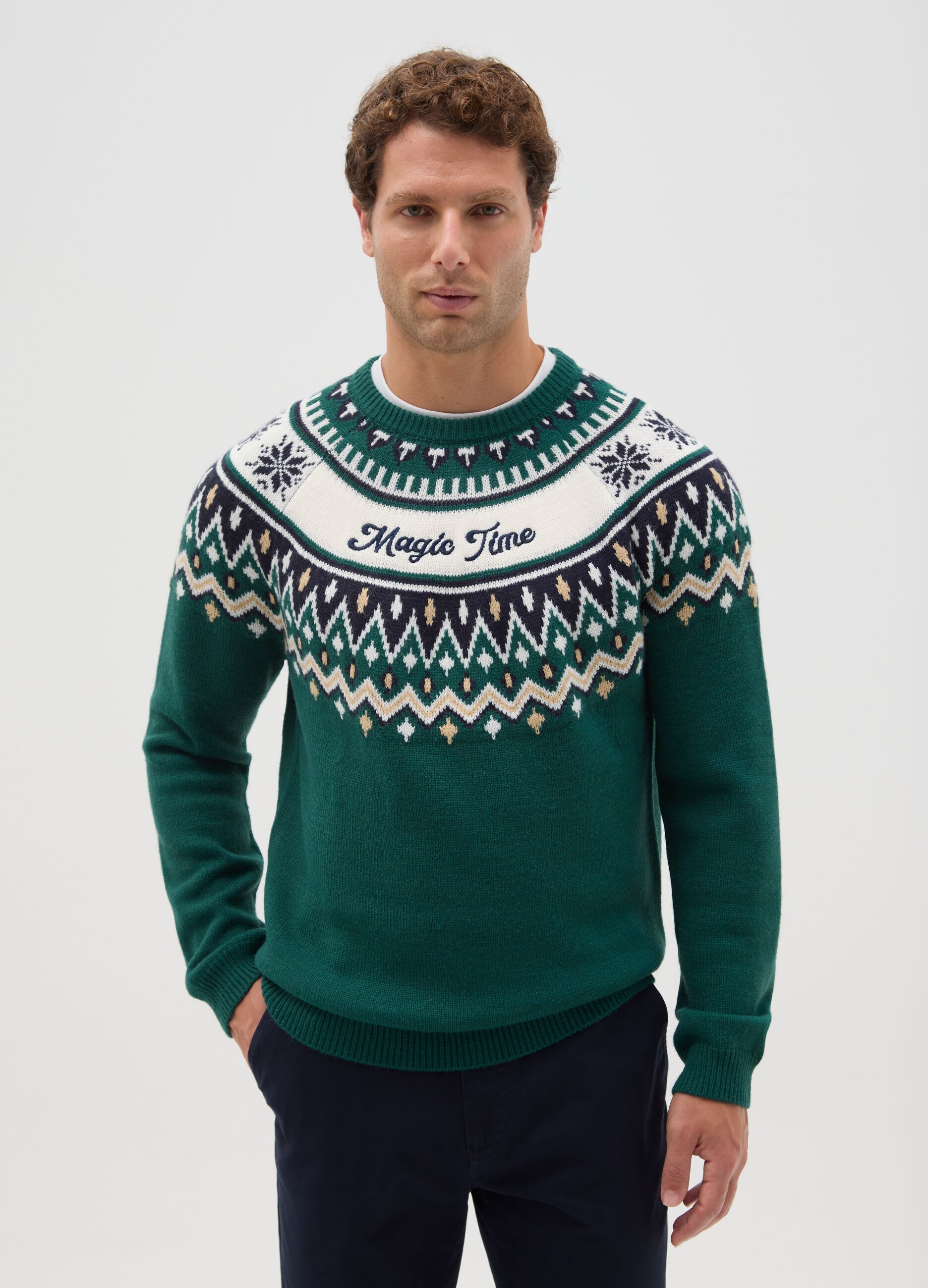 Save the Children Christmas Jumper with Green Jacquard Motif
