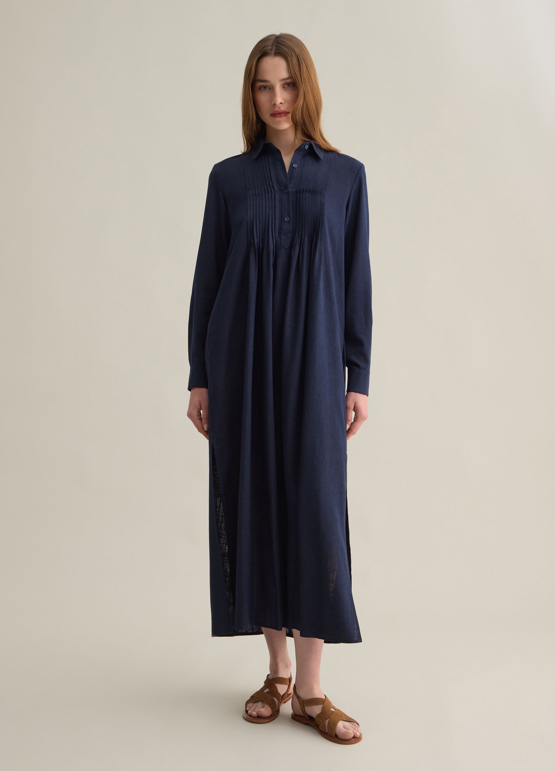 Abito lungo da donna in viscosa e lino blu wide fit