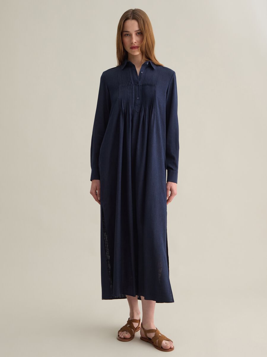 Piombo Blue Long Dress in Viscose and Linen_0