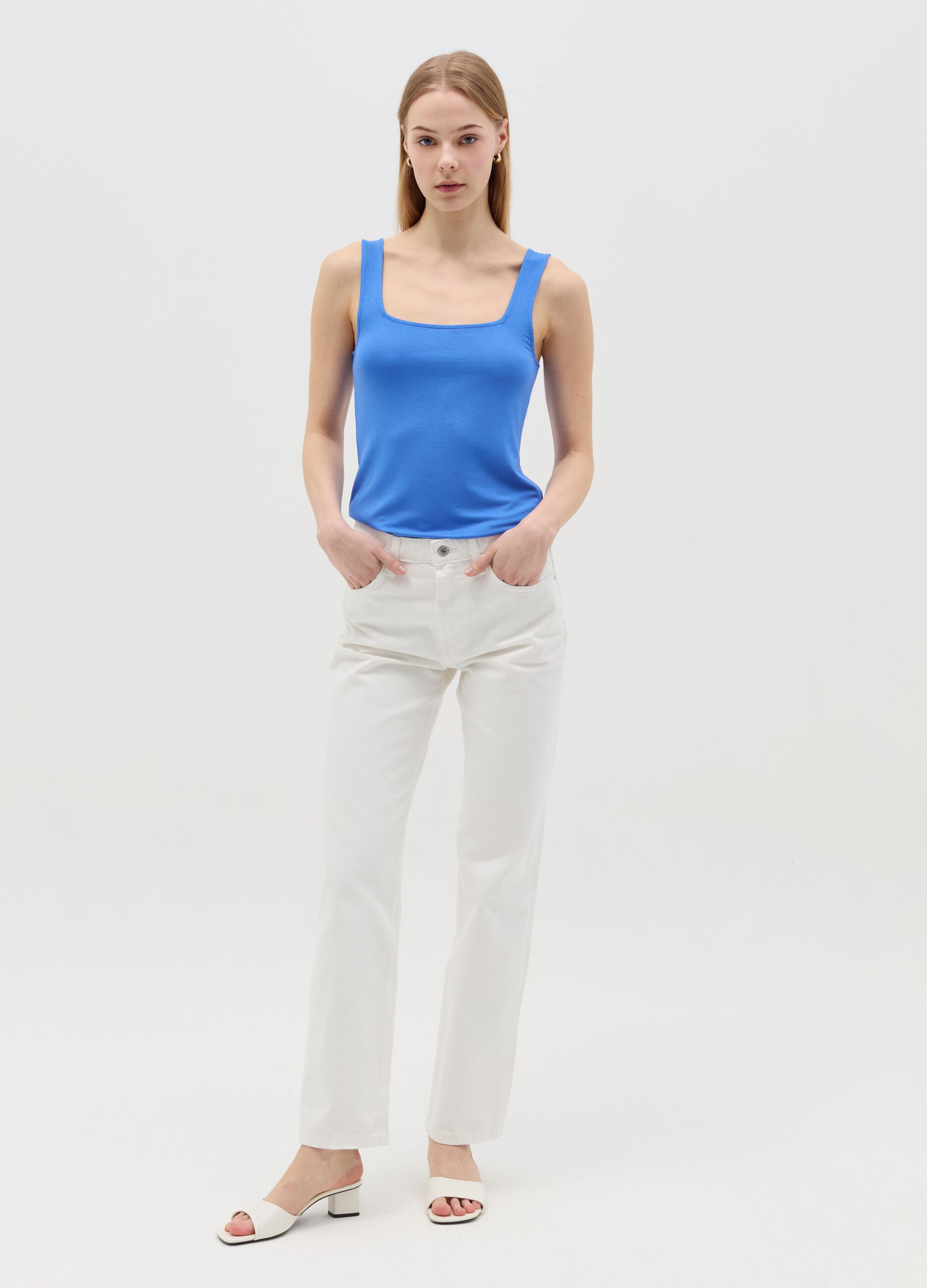 Basic light blue tank top in stretch viscose