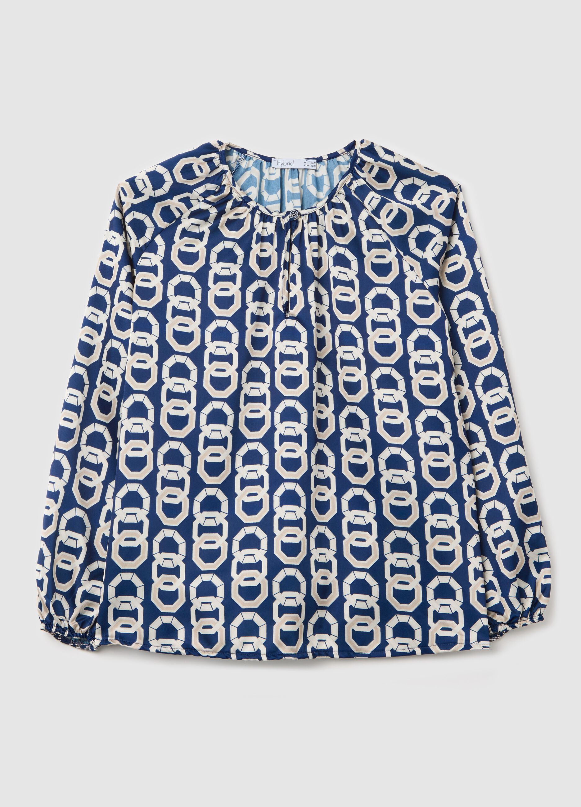Blue long-sleeved blouse with geometric print