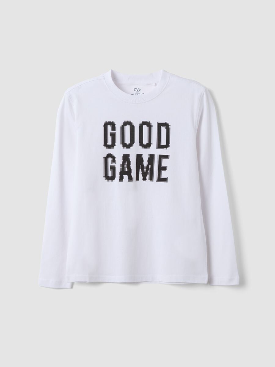 White pure organic cotton T-shirt with &ldquo;Good Game&rdquo; slogan for boys_0