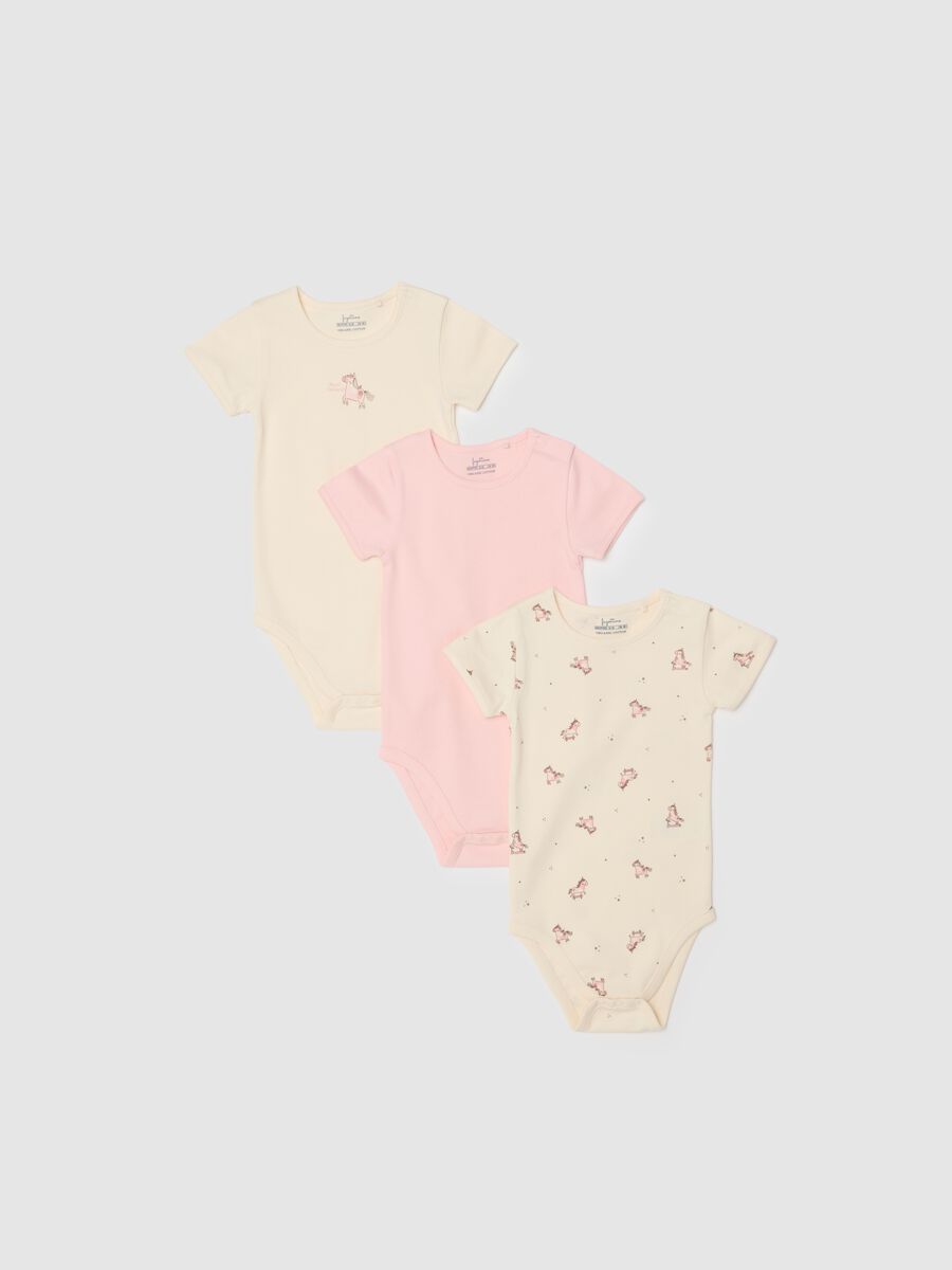 Short-sleeved multicolour bodysuit tripack for baby girls in pure cotton_0