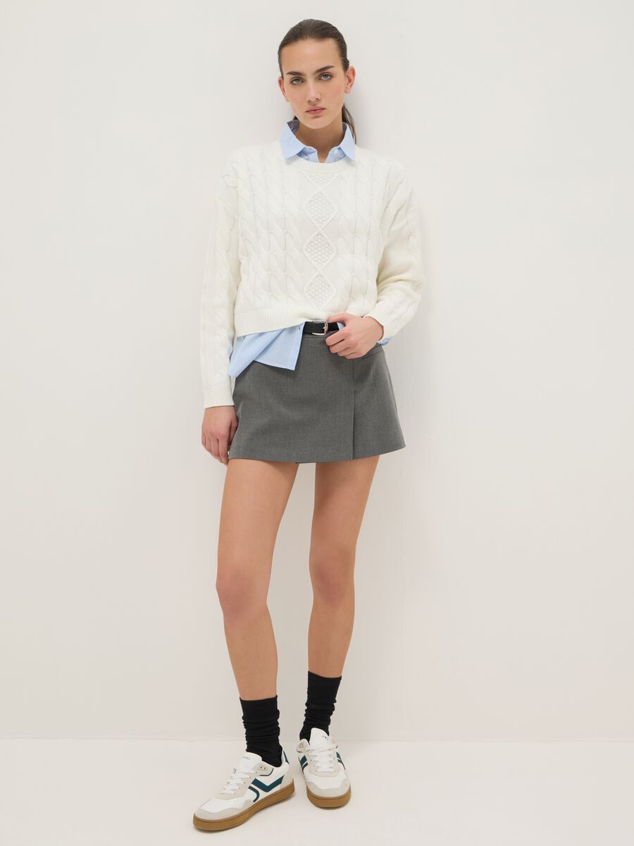 White cotton blend sweater regular fit with cable knit pattern_1
