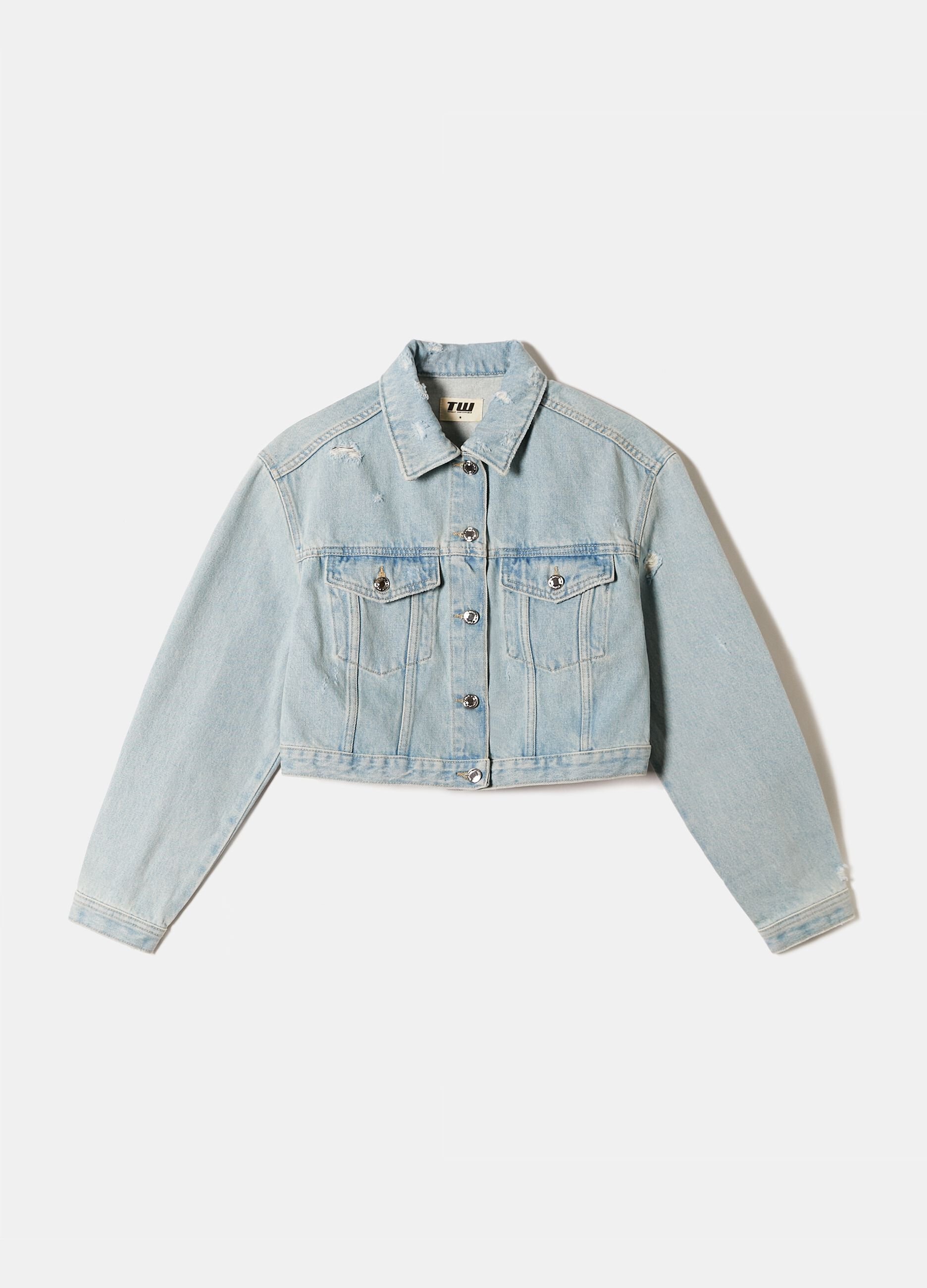 Giacca crop in denim acid wash