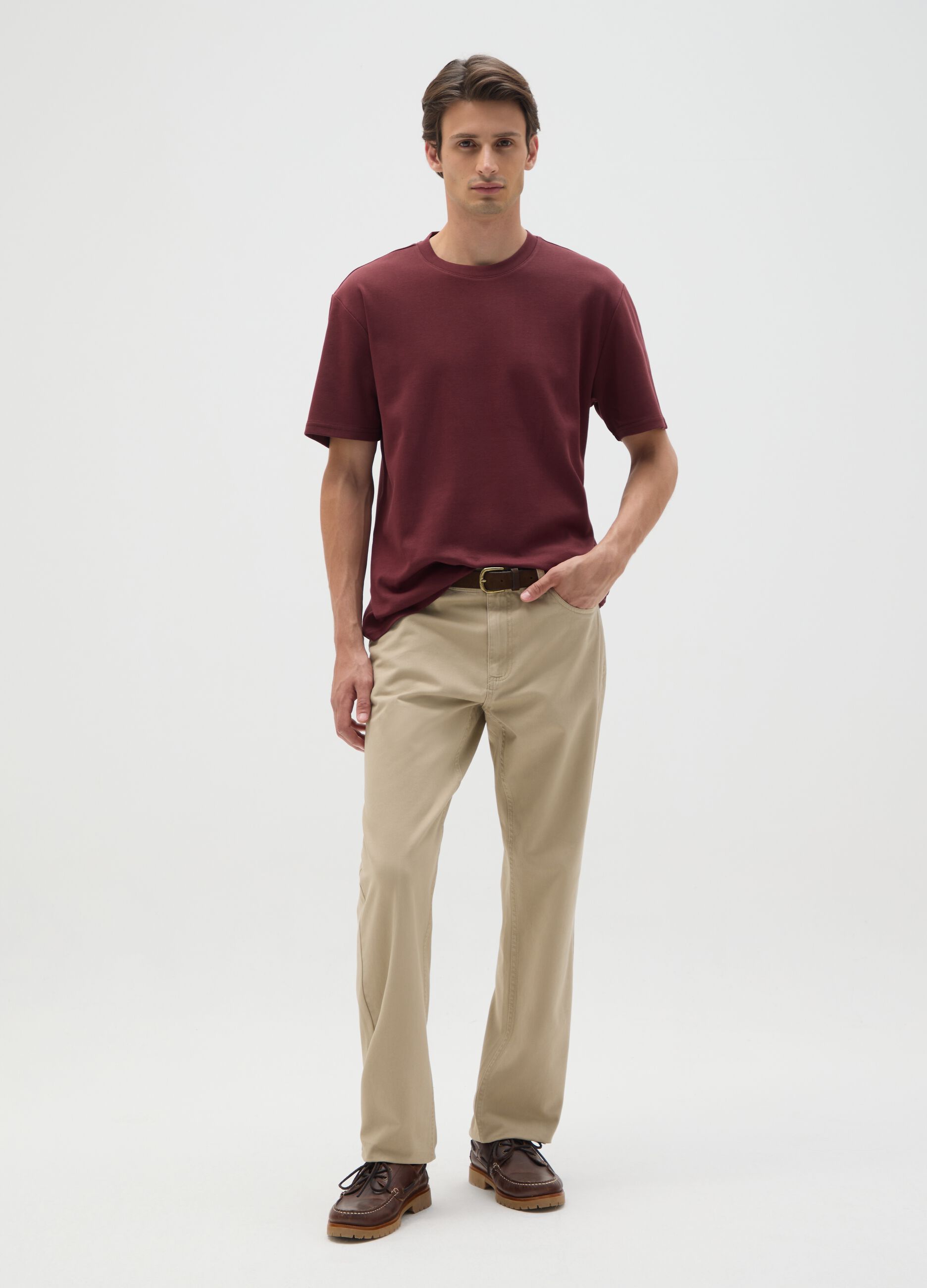 Beige pure cotton regular fit trousers