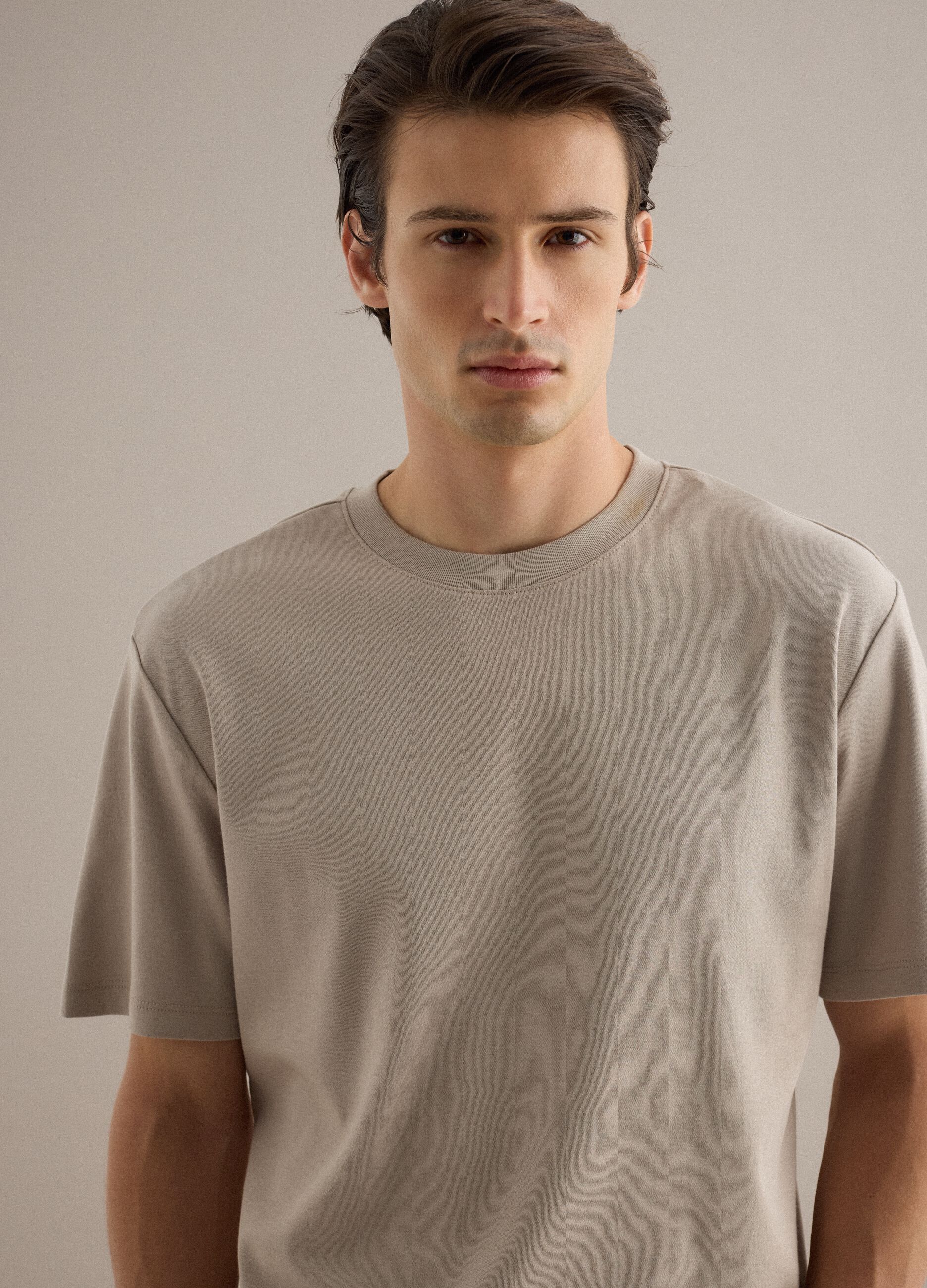 Beige Pure Cotton Crew Neck T-Shirt Regular Fit
