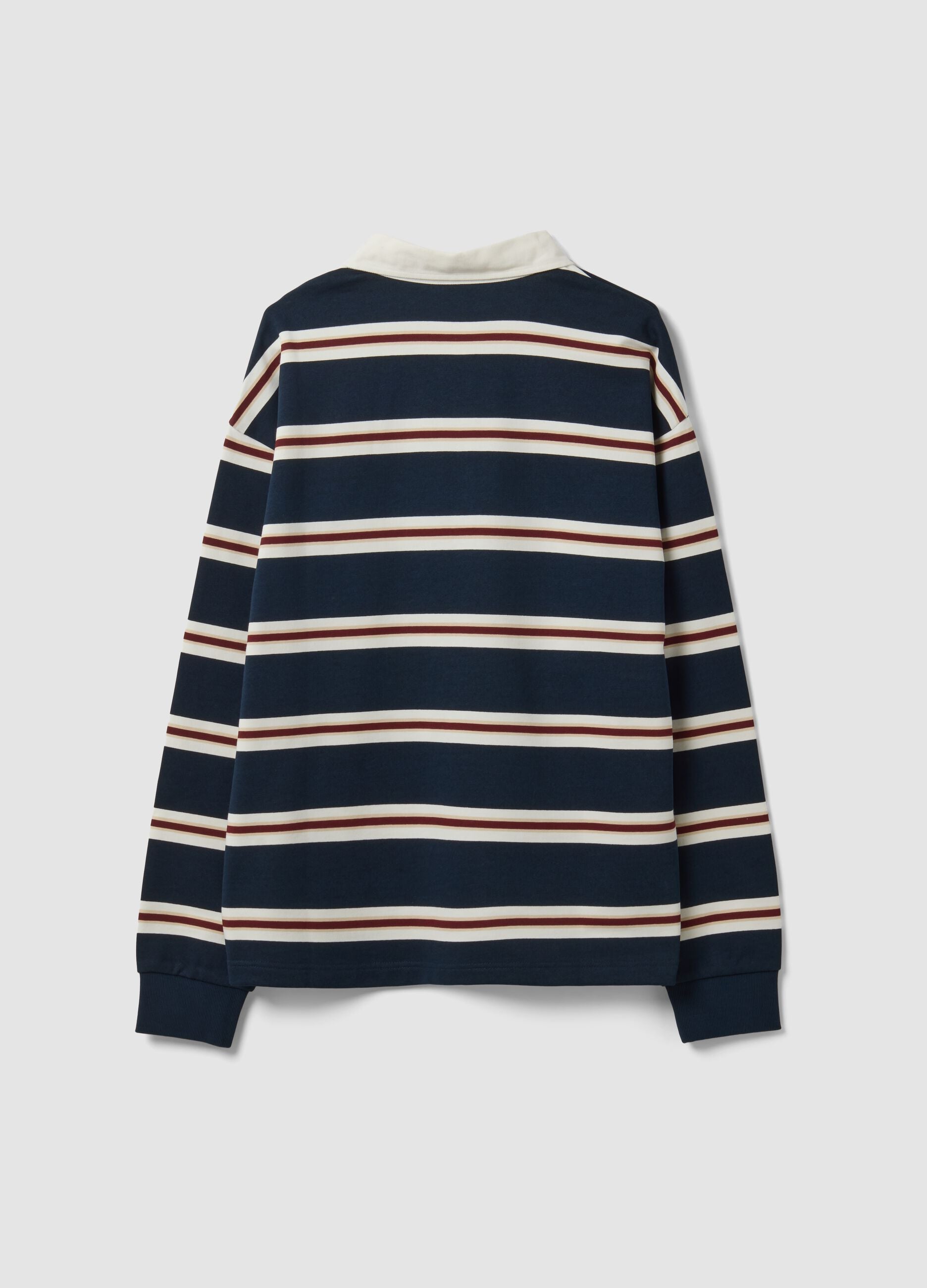 Blue pure-cotton striped rugby polo with classic collar